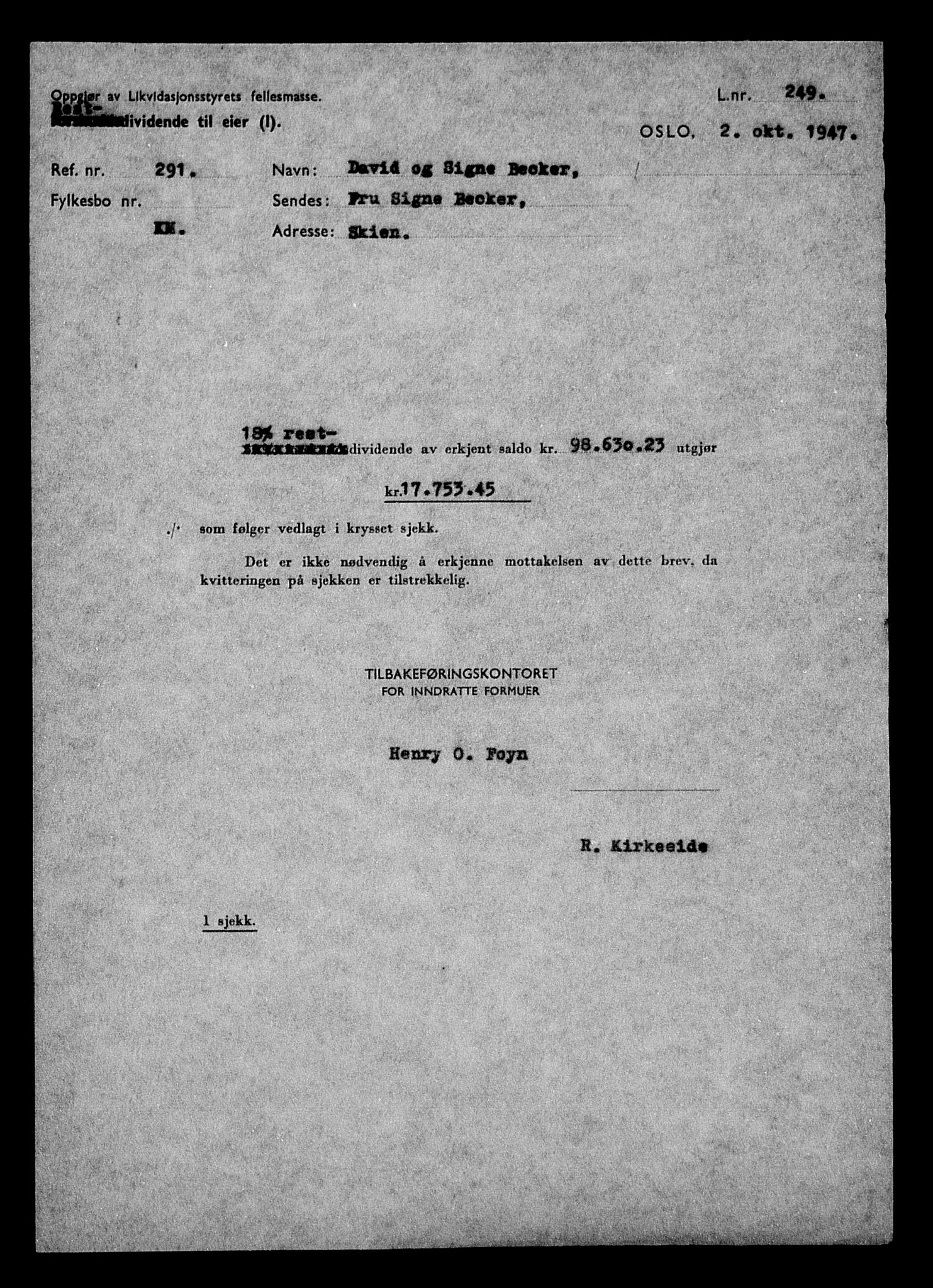 Justisdepartementet, Tilbakeføringskontoret for inndratte formuer, AV/RA-S-1564/H/Hc/Hcd/L0989: --, 1945-1947, p. 436