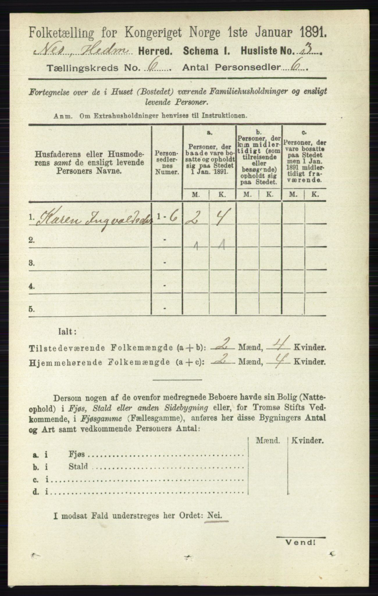 RA, 1891 census for 0411 Nes, 1891, p. 3171