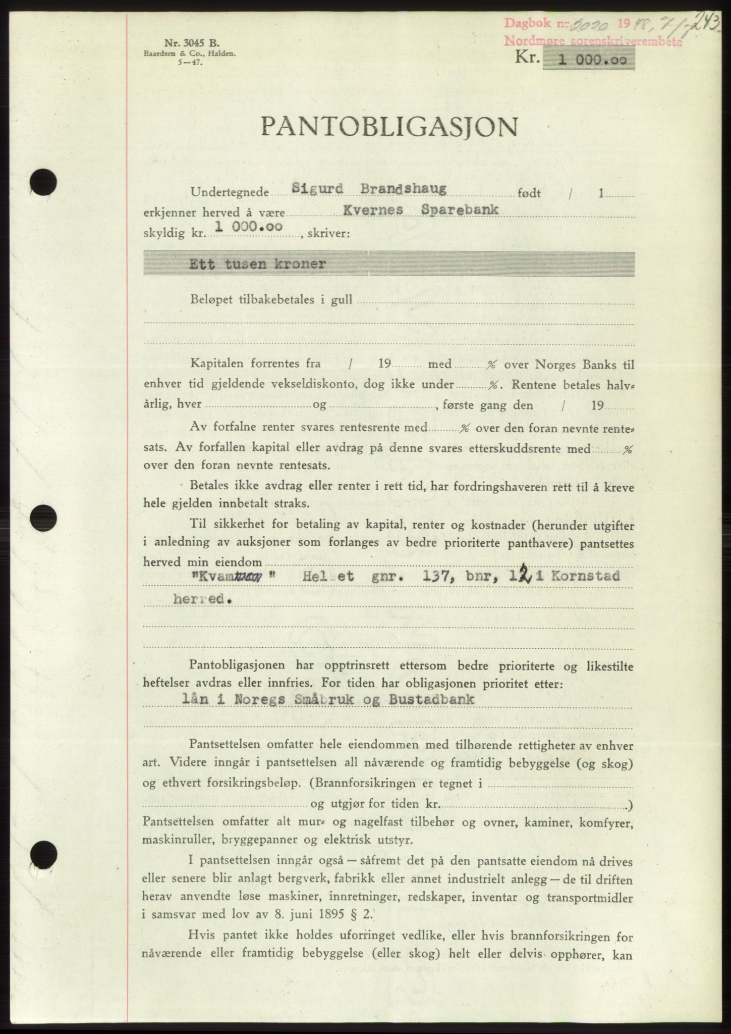 Nordmøre sorenskriveri, AV/SAT-A-4132/1/2/2Ca: Mortgage book no. B99, 1948-1948, Diary no: : 2020/1948