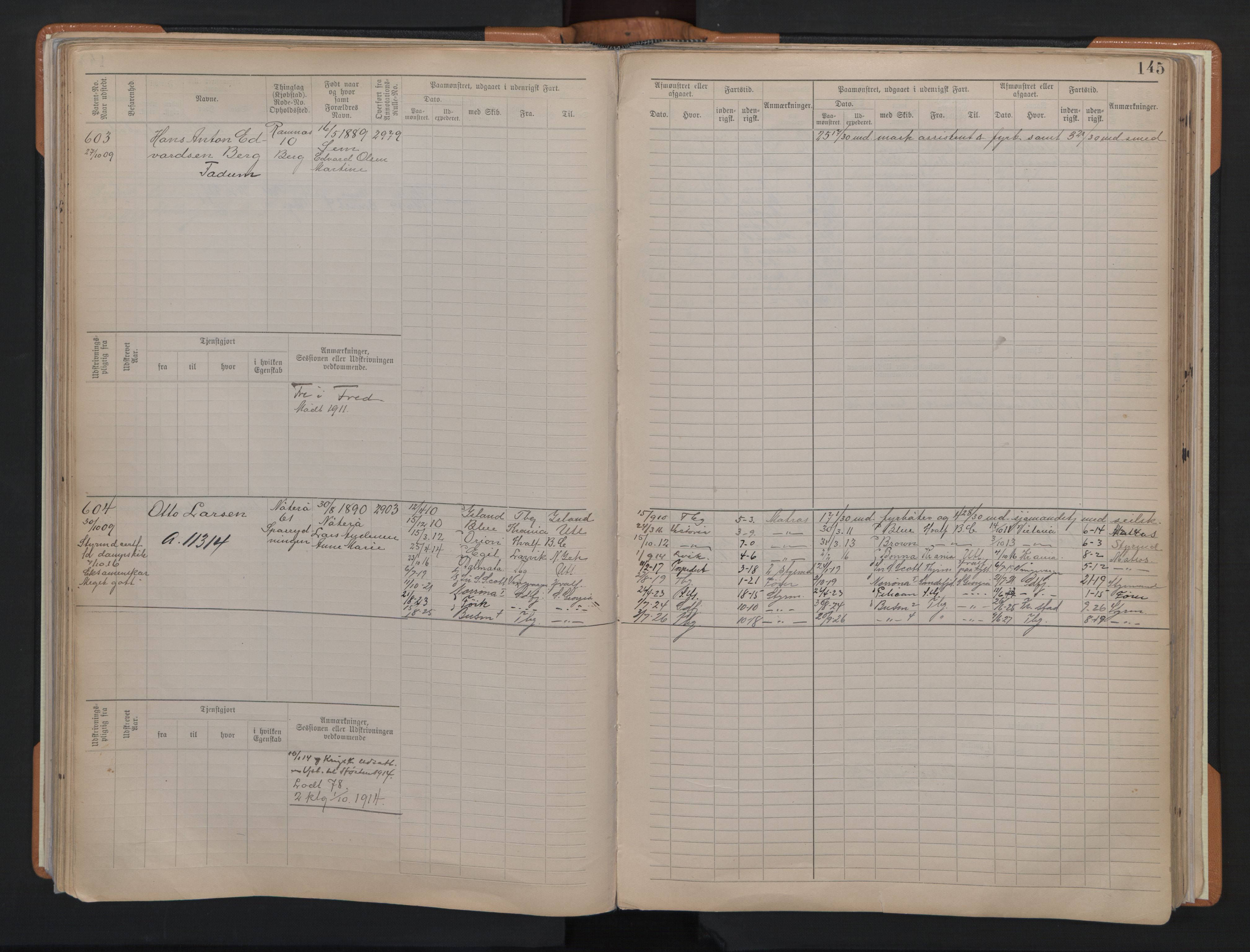 Tønsberg innrulleringskontor, AV/SAKO-A-786/F/Fe/L0004: Maskinist- og fyrbøterrulle Patent nr. 315-1079, 1902-1922, p. 145