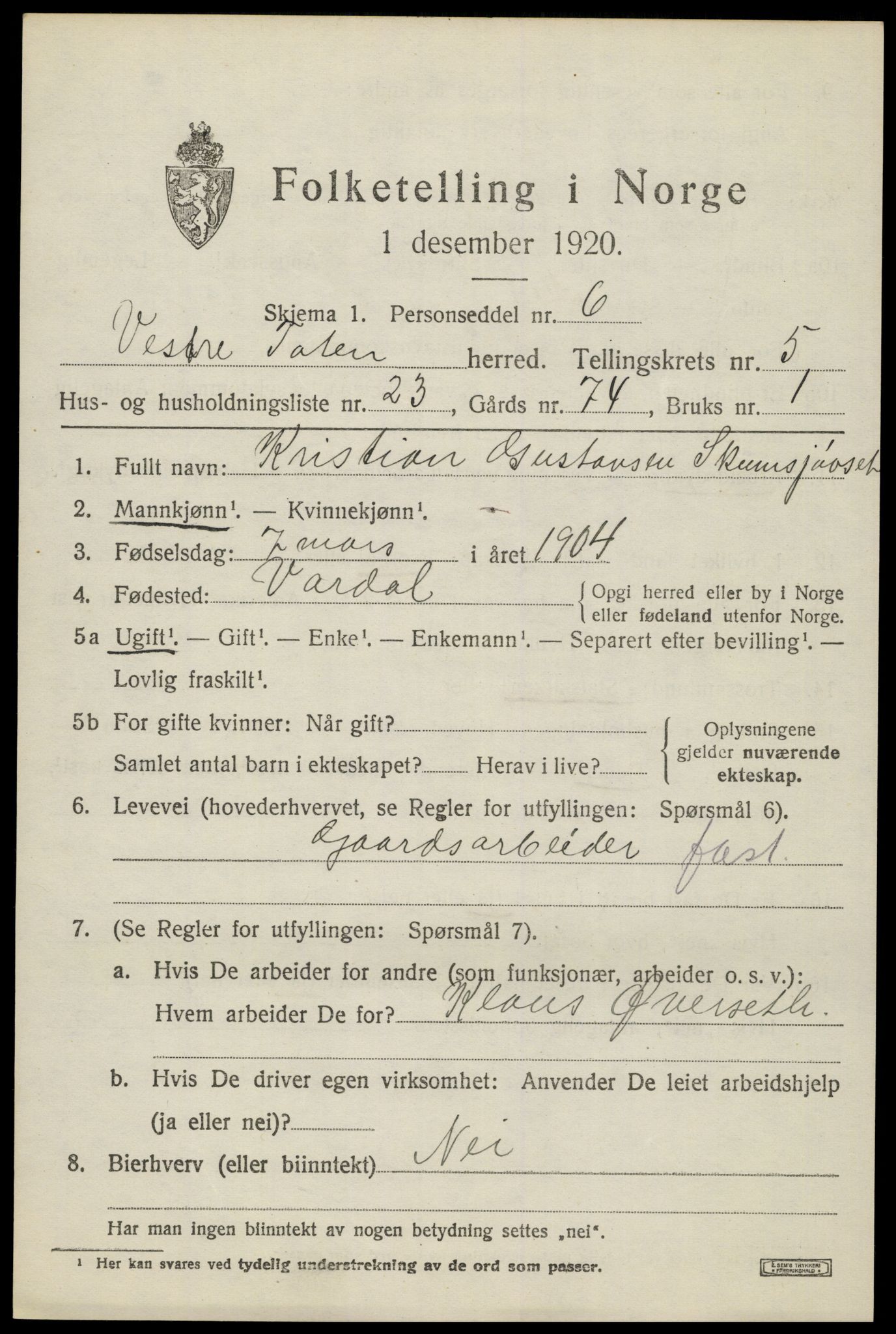 SAH, 1920 census for Vestre Toten, 1920, p. 7586