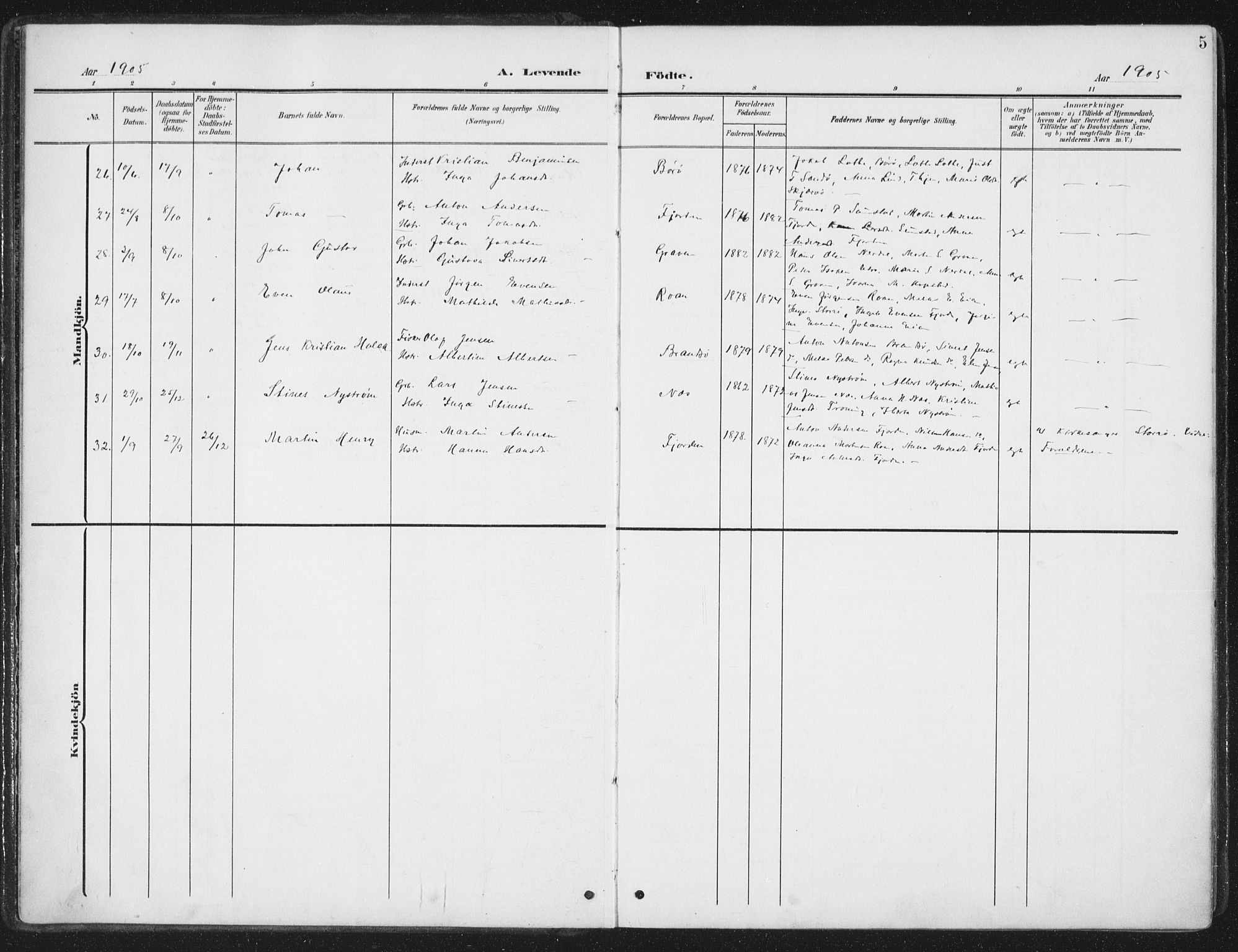 Ministerialprotokoller, klokkerbøker og fødselsregistre - Sør-Trøndelag, SAT/A-1456/657/L0709: Parish register (official) no. 657A10, 1905-1919, p. 5
