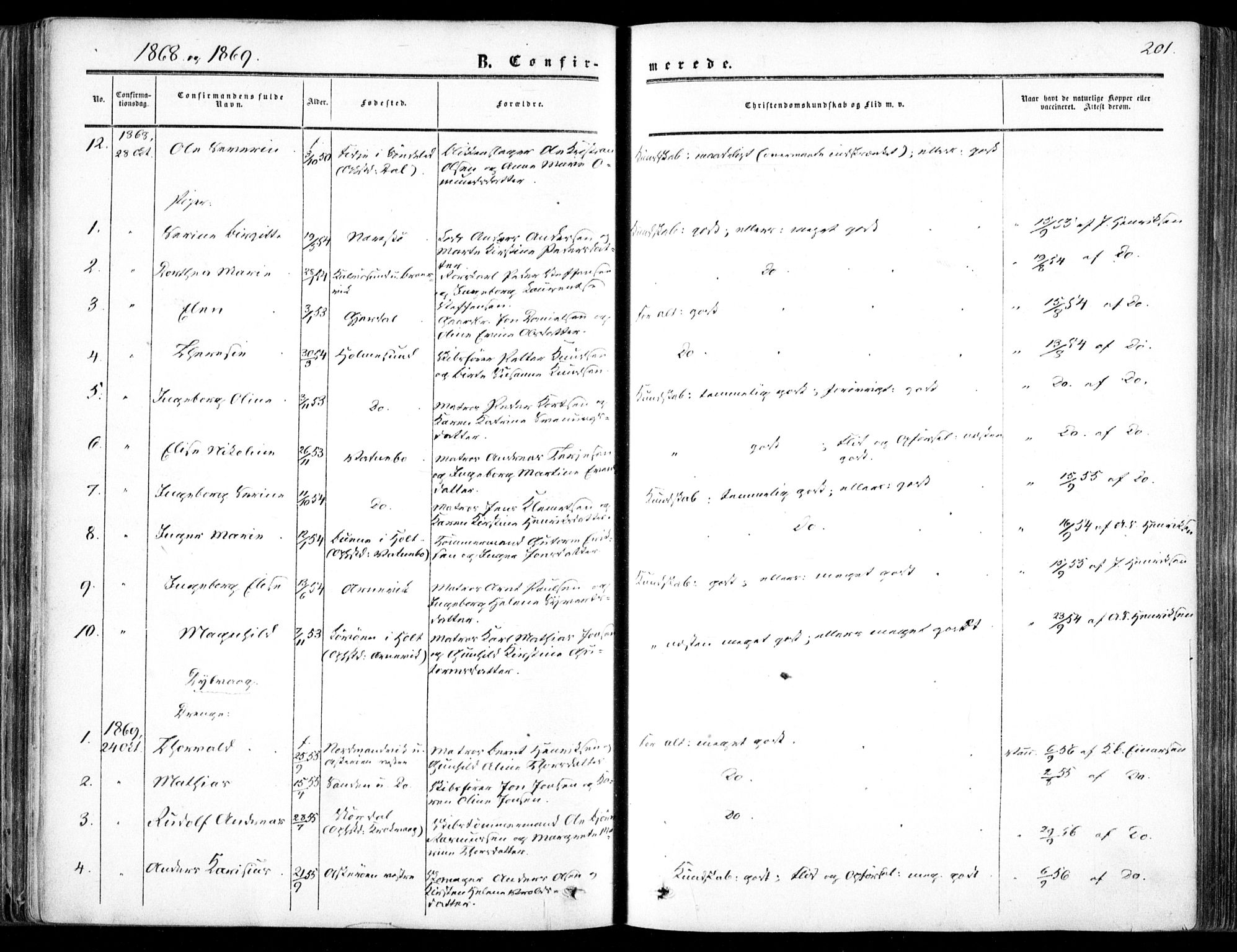 Dypvåg sokneprestkontor, SAK/1111-0007/F/Fa/Faa/L0006: Parish register (official) no. A 6, 1855-1872, p. 201