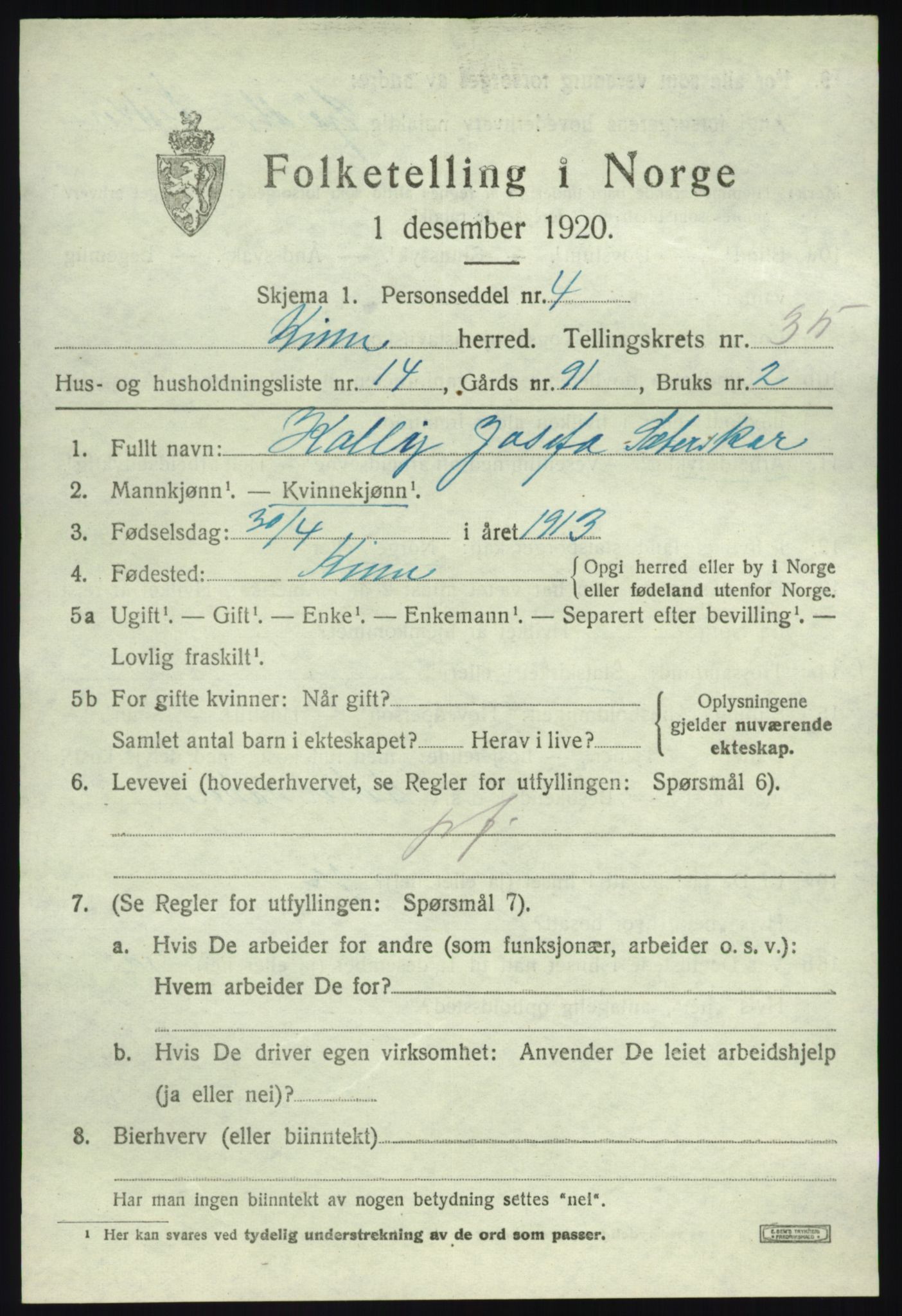 SAB, 1920 census for Kinn, 1920, p. 11735