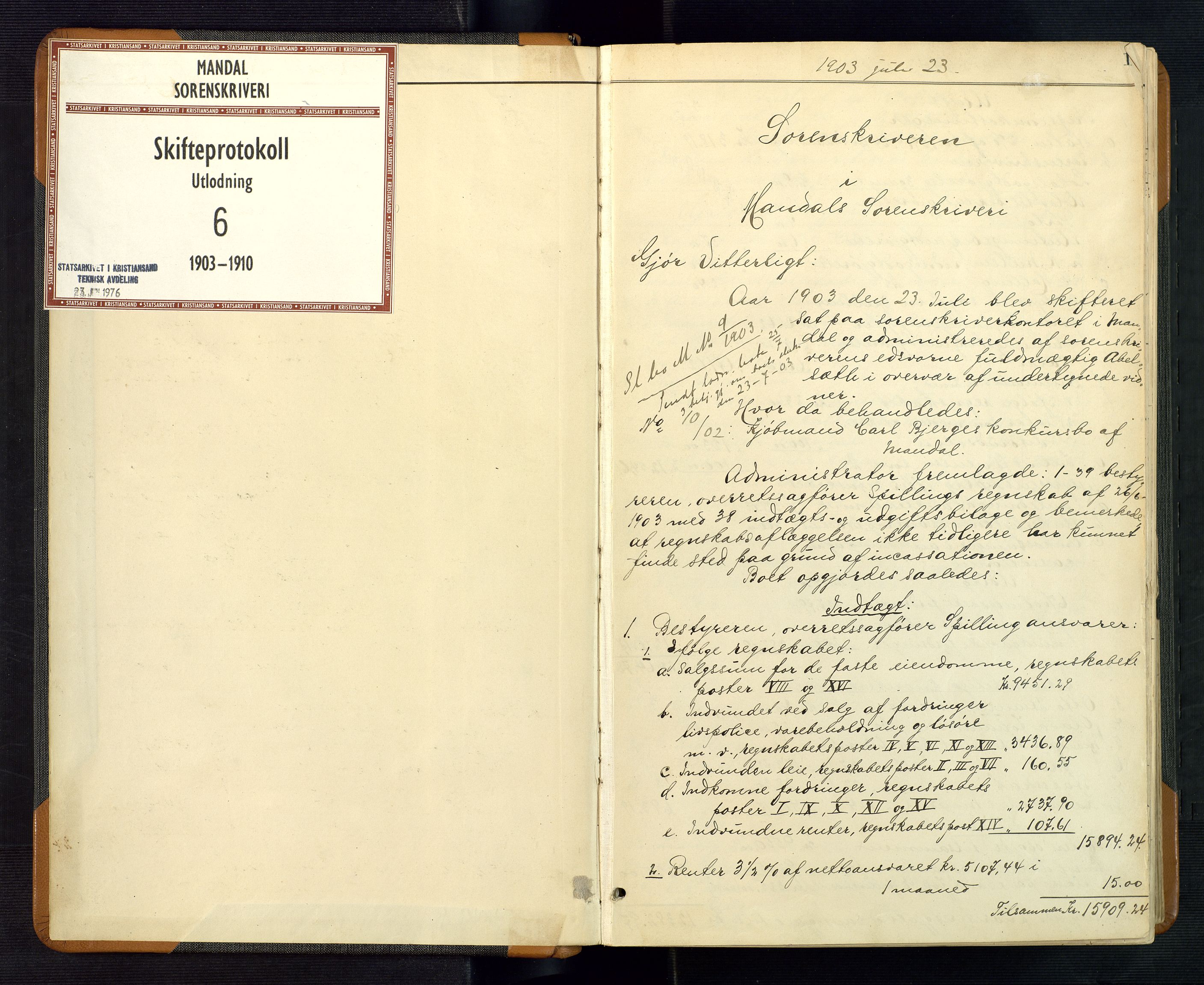 Mandal sorenskriveri, SAK/1221-0005/001/H/Hc/L0097: Skifteutlodningsprotokoll nr 6 med register, 1903-1910, p. 1