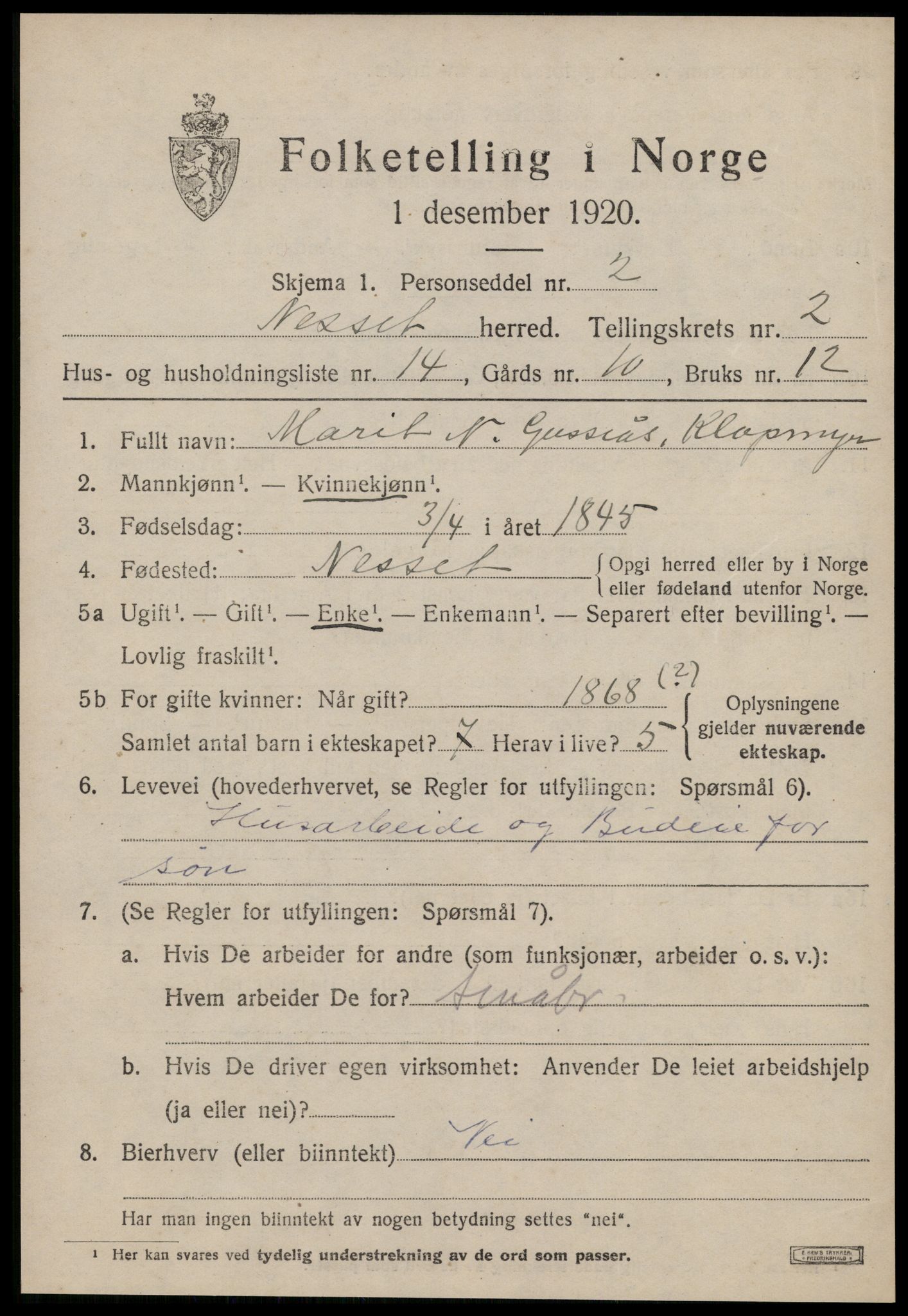 SAT, 1920 census for Nesset, 1920, p. 1186