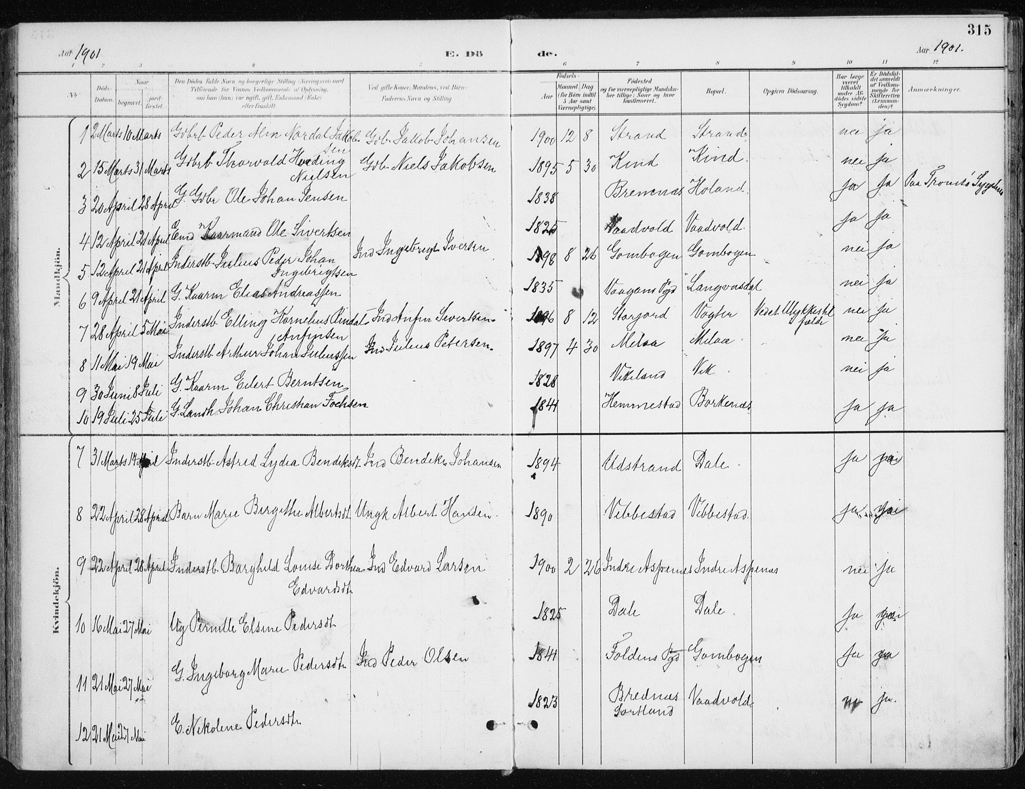 Kvæfjord sokneprestkontor, SATØ/S-1323/G/Ga/Gaa/L0006kirke: Parish register (official) no. 6, 1895-1914, p. 315