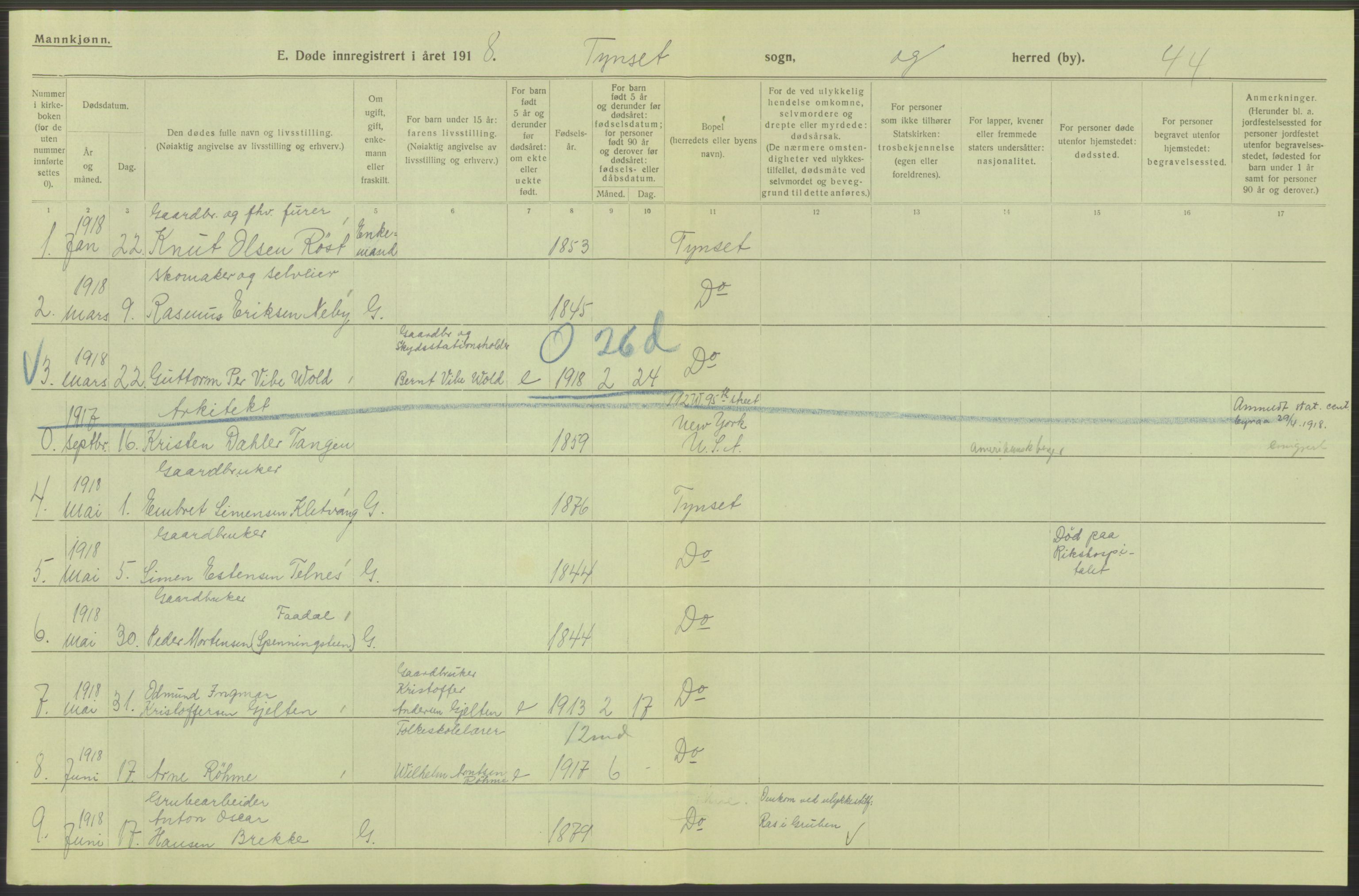 Statistisk sentralbyrå, Sosiodemografiske emner, Befolkning, RA/S-2228/D/Df/Dfb/Dfbh/L0014: Hedemarkens fylke: Døde. Bygder og byer., 1918, p. 606