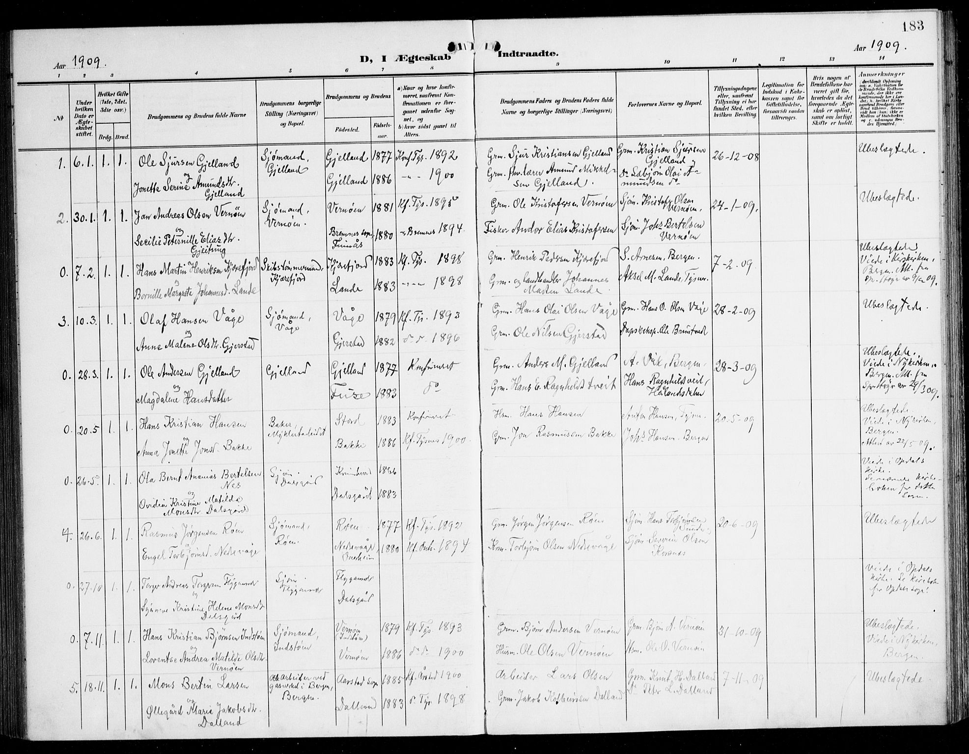 Tysnes sokneprestembete, SAB/A-78601/H/Haa: Parish register (official) no. B 2, 1907-1925, p. 183