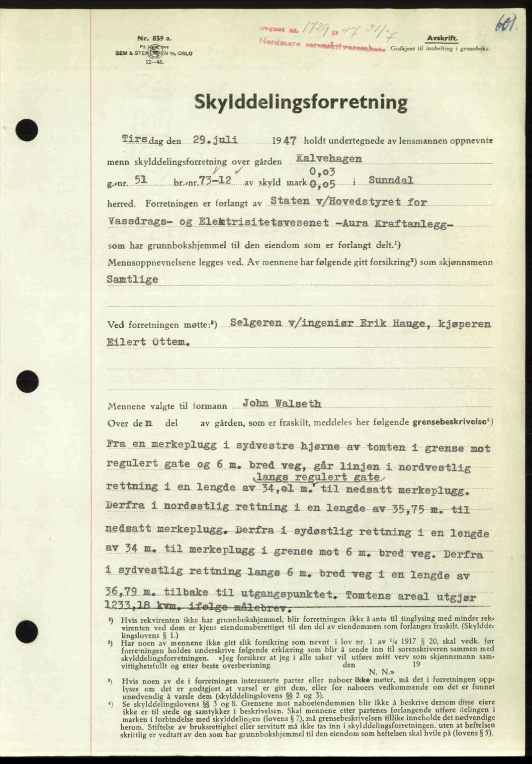 Nordmøre sorenskriveri, AV/SAT-A-4132/1/2/2Ca: Mortgage book no. A105, 1947-1947, Diary no: : 1729/1947