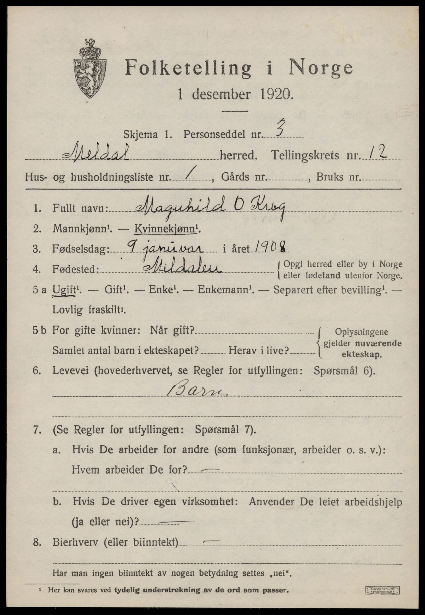 SAT, 1920 census for Meldal, 1920, p. 9135