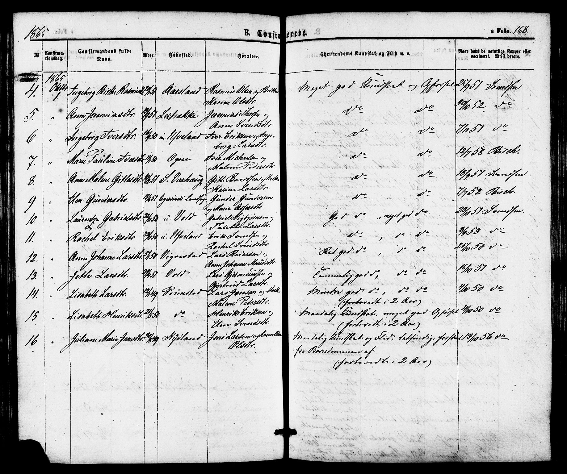 Hå sokneprestkontor, AV/SAST-A-101801/001/30BA/L0009: Parish register (official) no. A 8, 1855-1878, p. 168