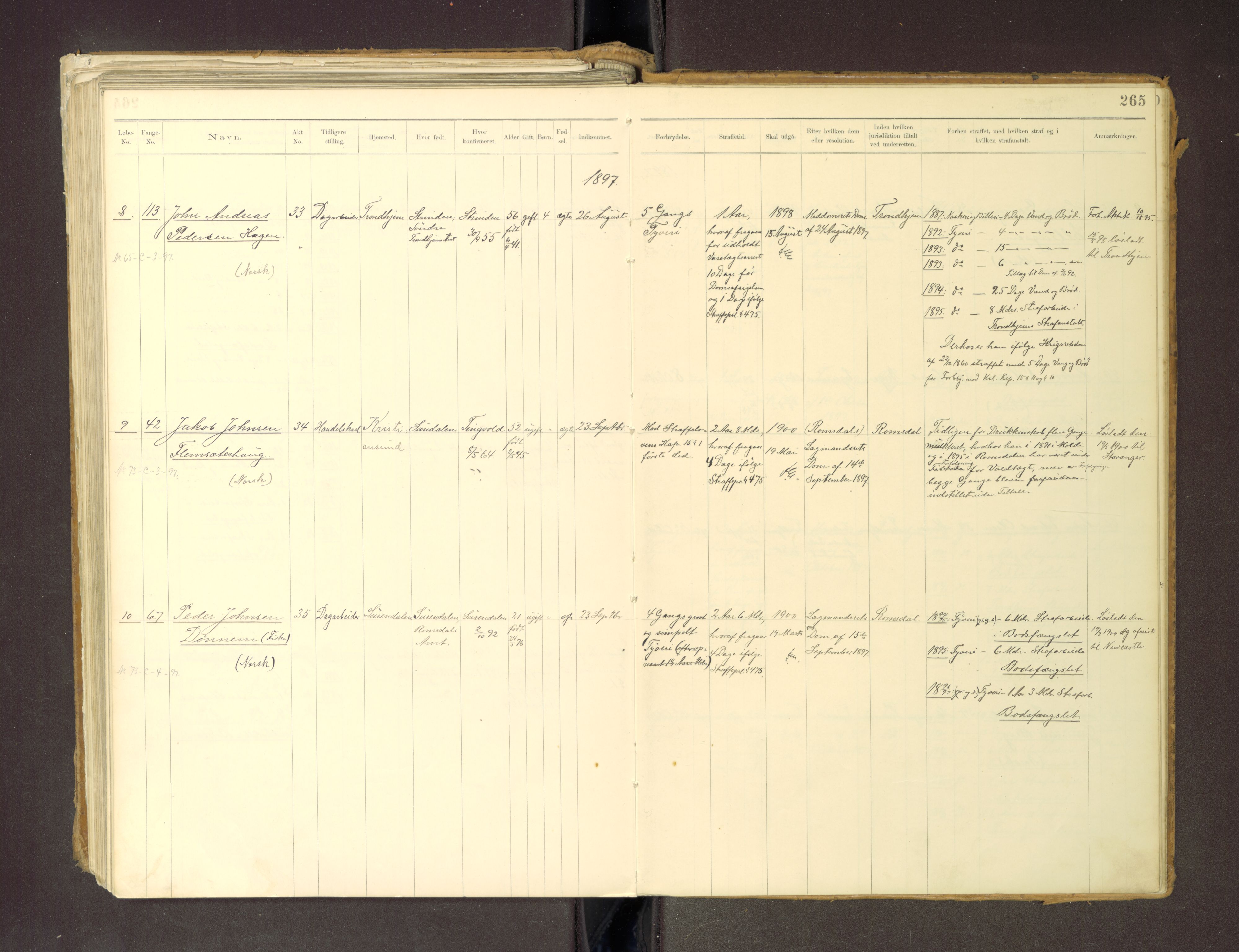 Trondheim tukthus, SAT/A-4619/05/65/L0036: 65.36 Fangeprotokoll m/reg, 1885-1898, p. 265