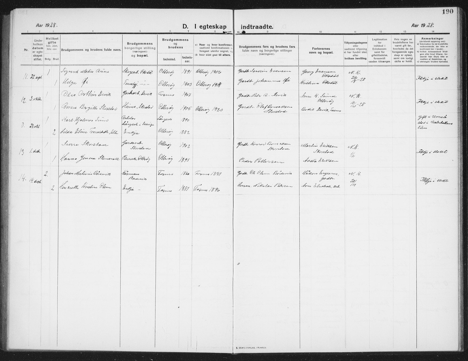 Ministerialprotokoller, klokkerbøker og fødselsregistre - Nord-Trøndelag, AV/SAT-A-1458/774/L0630: Parish register (copy) no. 774C01, 1910-1934, p. 190