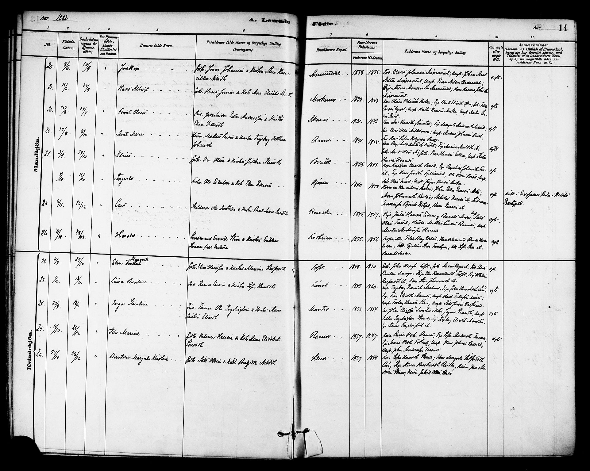 Ministerialprotokoller, klokkerbøker og fødselsregistre - Sør-Trøndelag, SAT/A-1456/655/L0680: Parish register (official) no. 655A09, 1880-1894, p. 14