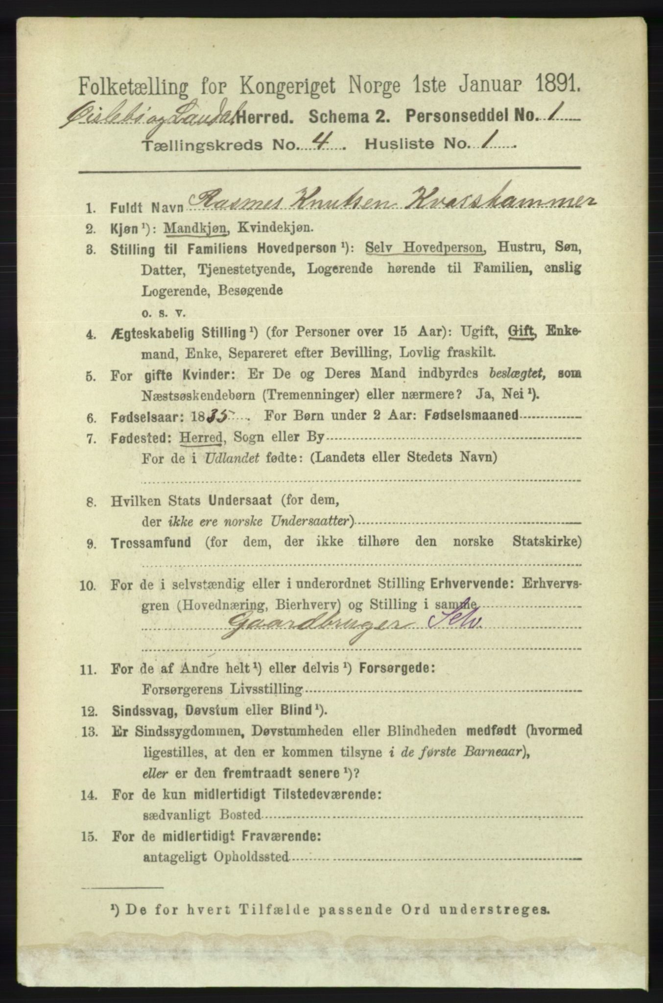 RA, 1891 census for 1021 Øyslebø og Laudal, 1891, p. 1007