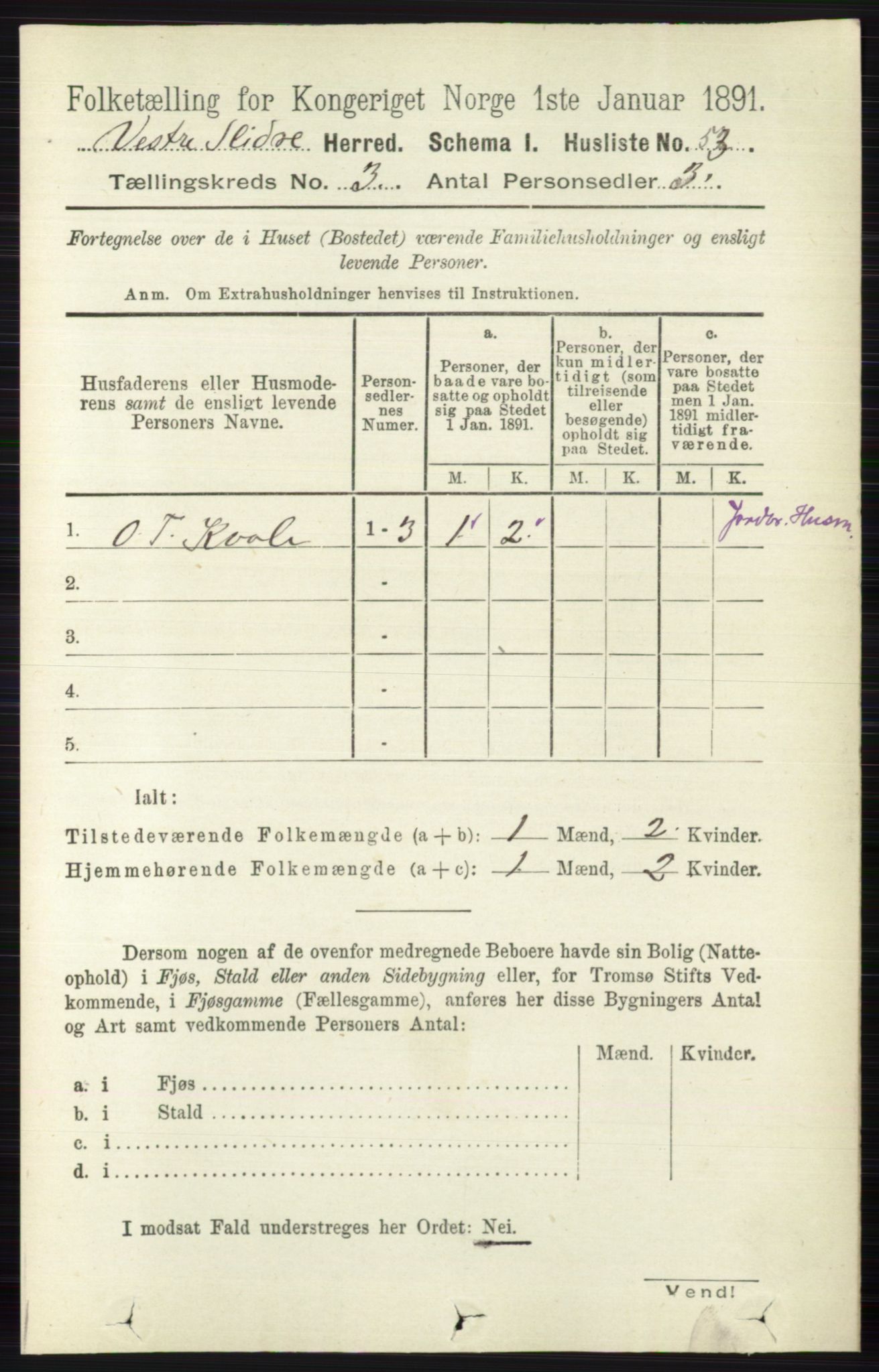 RA, 1891 census for 0543 Vestre Slidre, 1891, p. 816