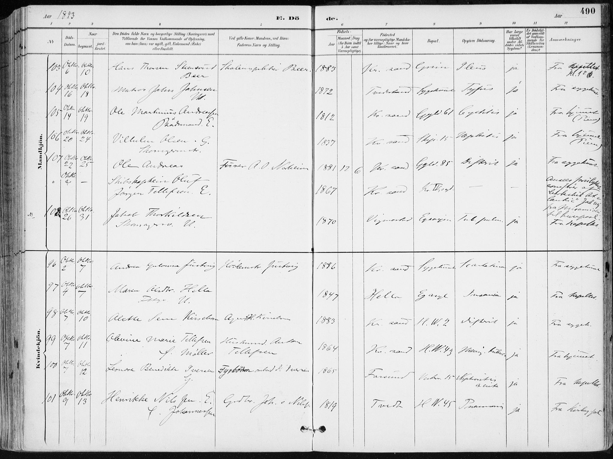 Kristiansand domprosti, SAK/1112-0006/F/Fa/L0019: Parish register (official) no. A 18, 1890-1897, p. 490