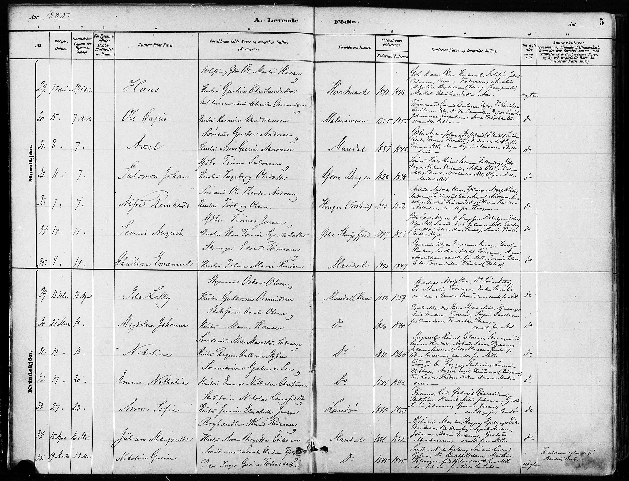 Mandal sokneprestkontor, SAK/1111-0030/F/Fa/Faa/L0016: Parish register (official) no. A 16, 1880-1890, p. 5