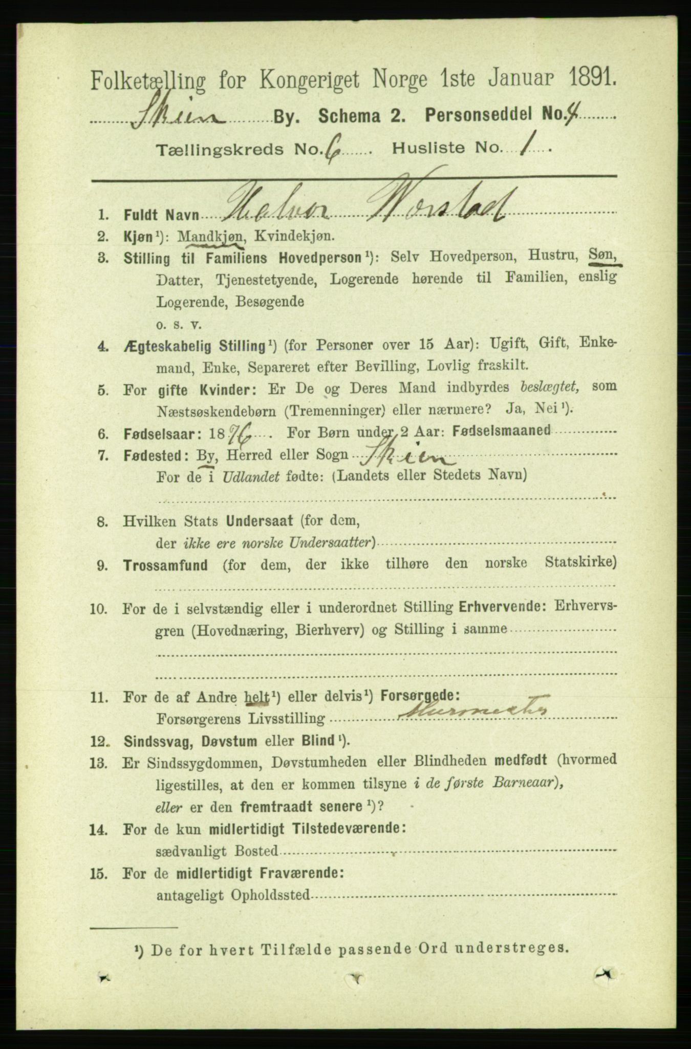 RA, 1891 census for 0806 Skien, 1891, p. 2997