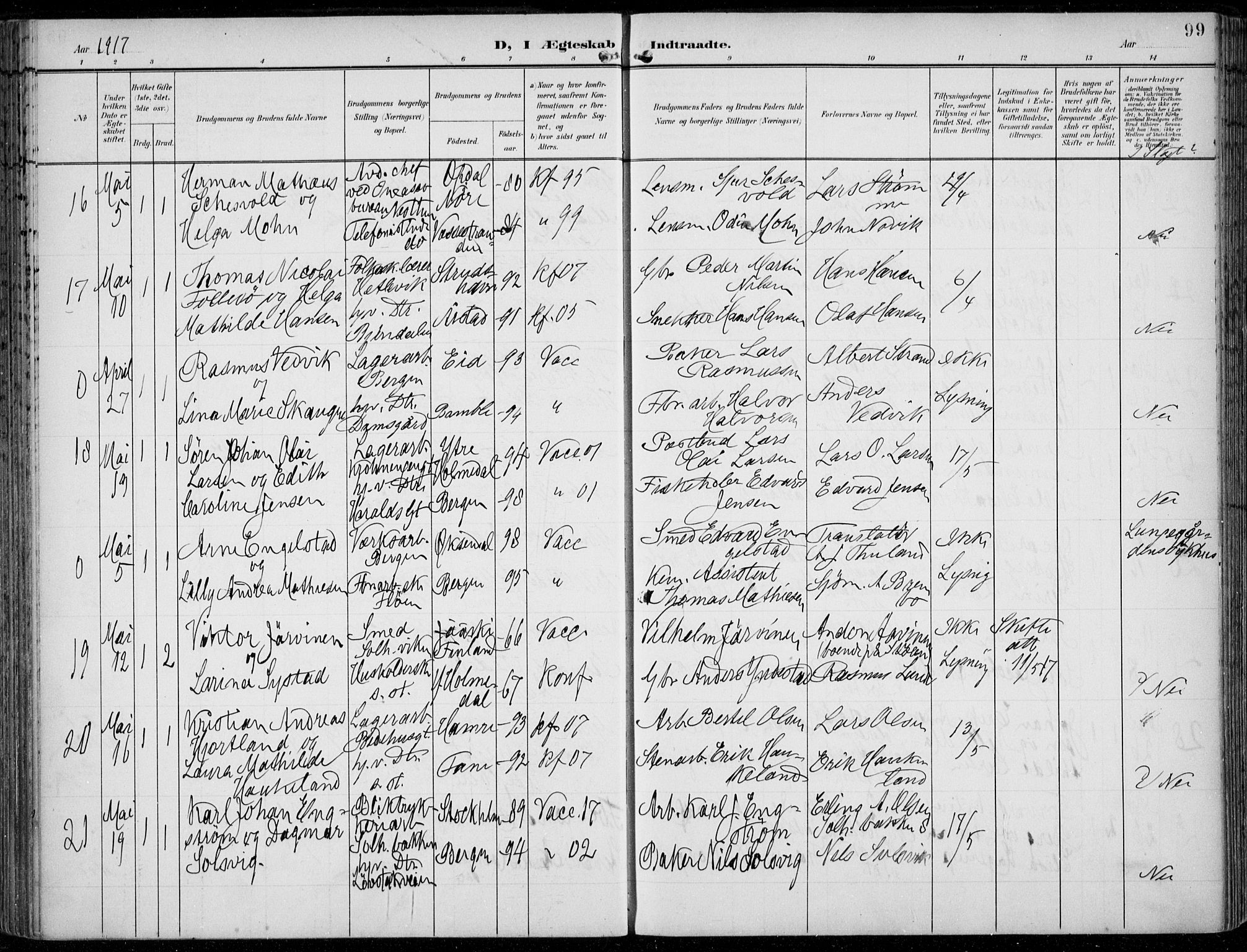 Årstad Sokneprestembete, AV/SAB-A-79301/H/Haa/L0009: Parish register (official) no. C 1, 1902-1918, p. 99