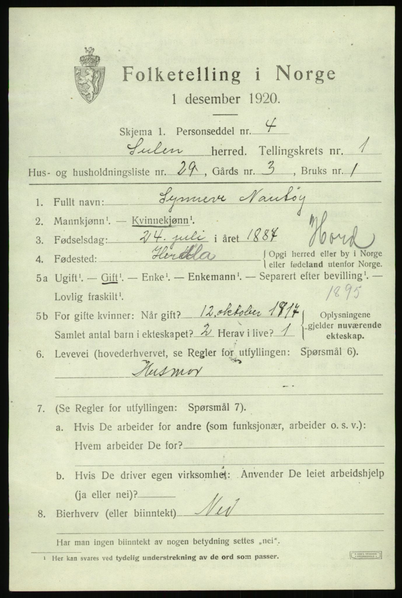 SAB, 1920 census for Solund, 1920, p. 1044