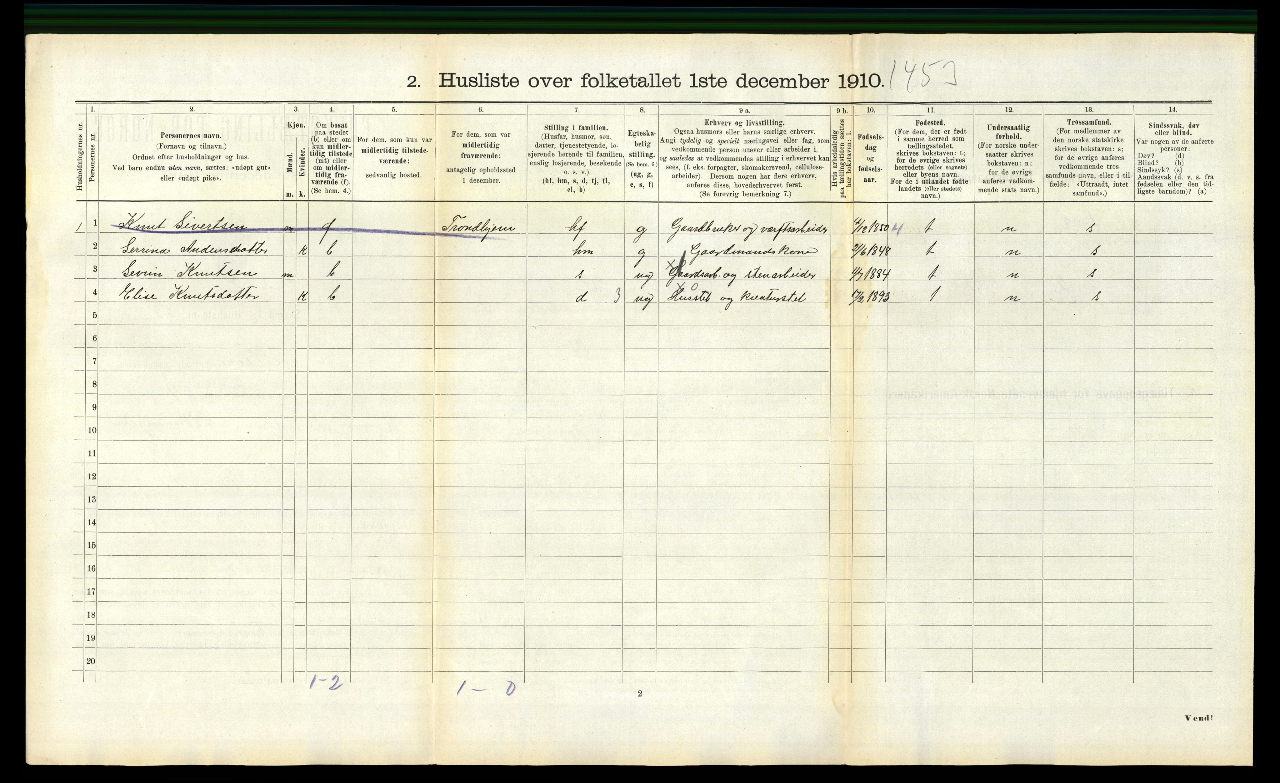 RA, 1910 census for Hemne, 1910, p. 584