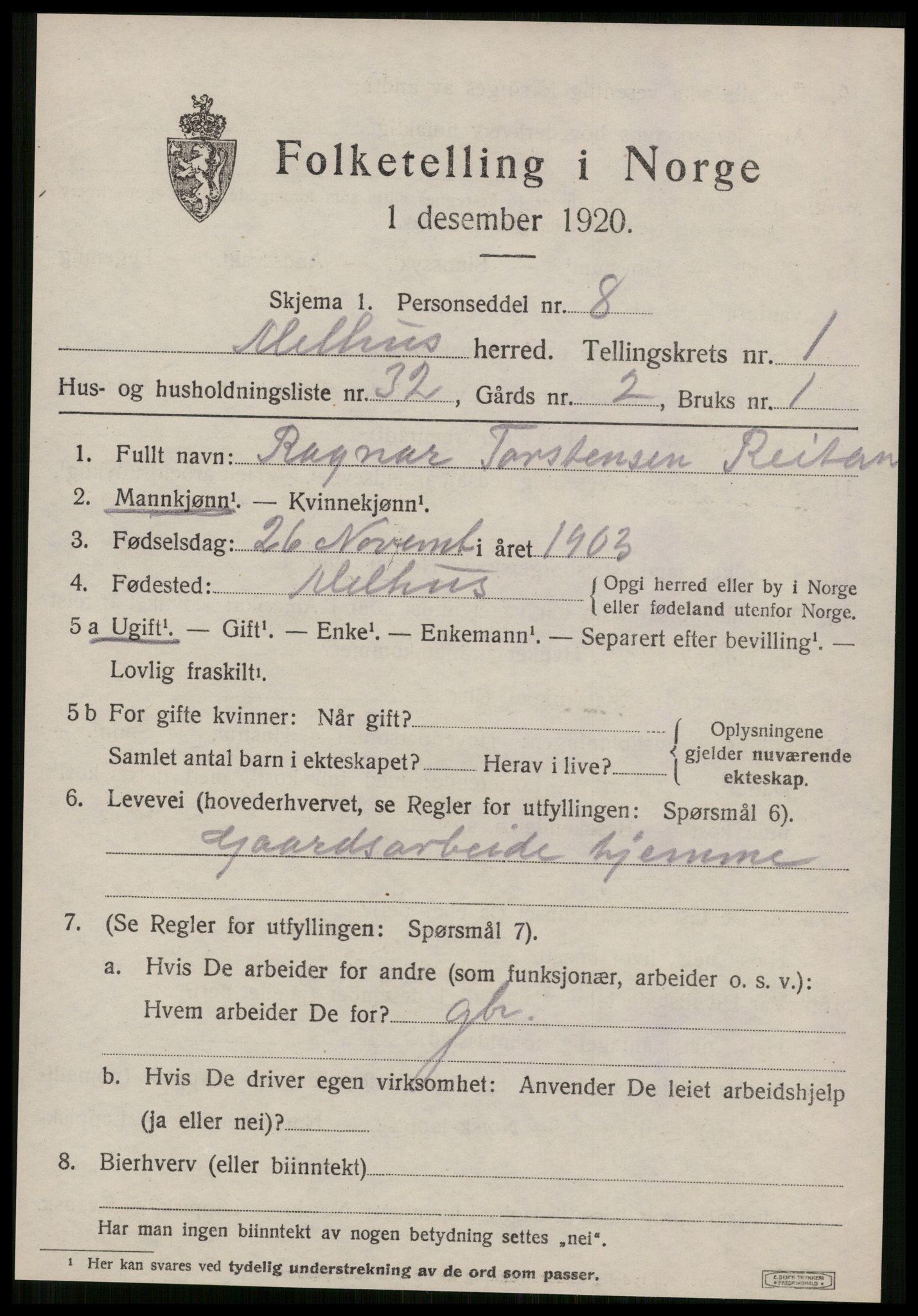 SAT, 1920 census for Melhus, 1920, p. 1367