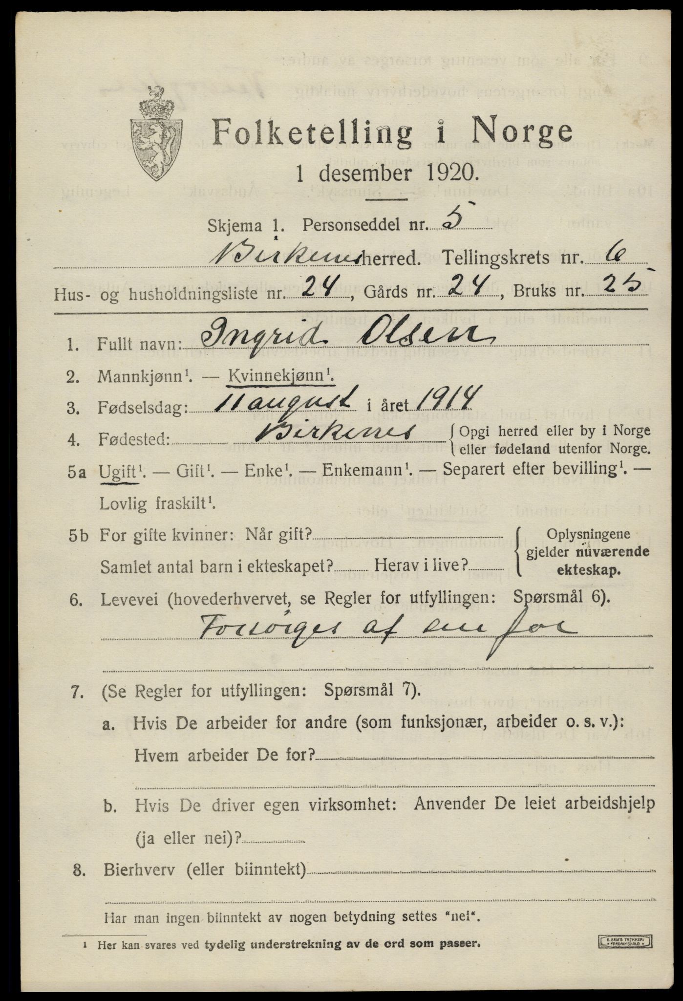 SAK, 1920 census for Birkenes, 1920, p. 3999