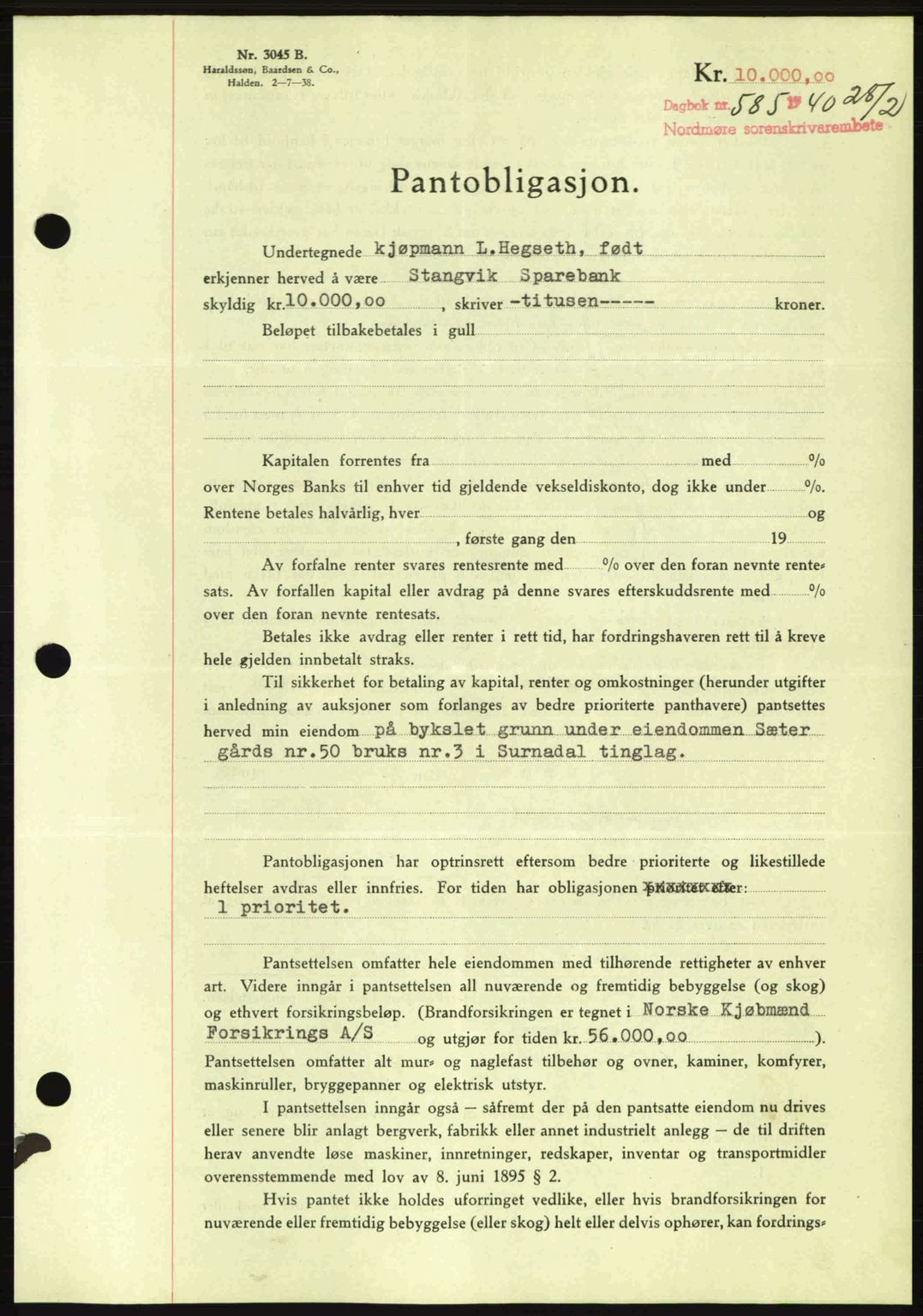 Nordmøre sorenskriveri, AV/SAT-A-4132/1/2/2Ca: Mortgage book no. B86, 1939-1940, Diary no: : 585/1940