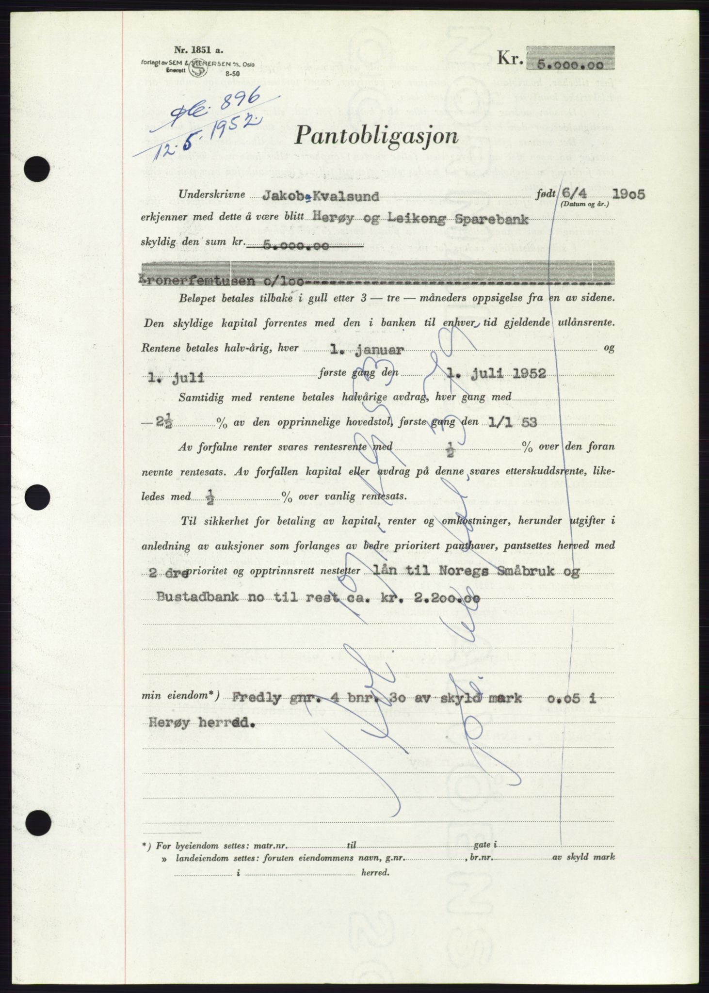 Søre Sunnmøre sorenskriveri, AV/SAT-A-4122/1/2/2C/L0121: Mortgage book no. 9B, 1951-1952, Diary no: : 896/1952