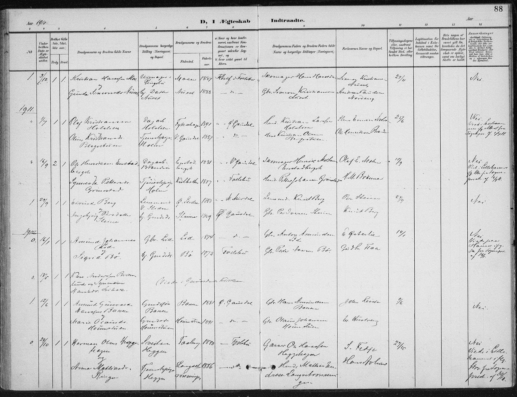 Østre Gausdal prestekontor, SAH/PREST-092/H/Ha/Haa/L0005: Parish register (official) no. 5, 1902-1920, p. 88
