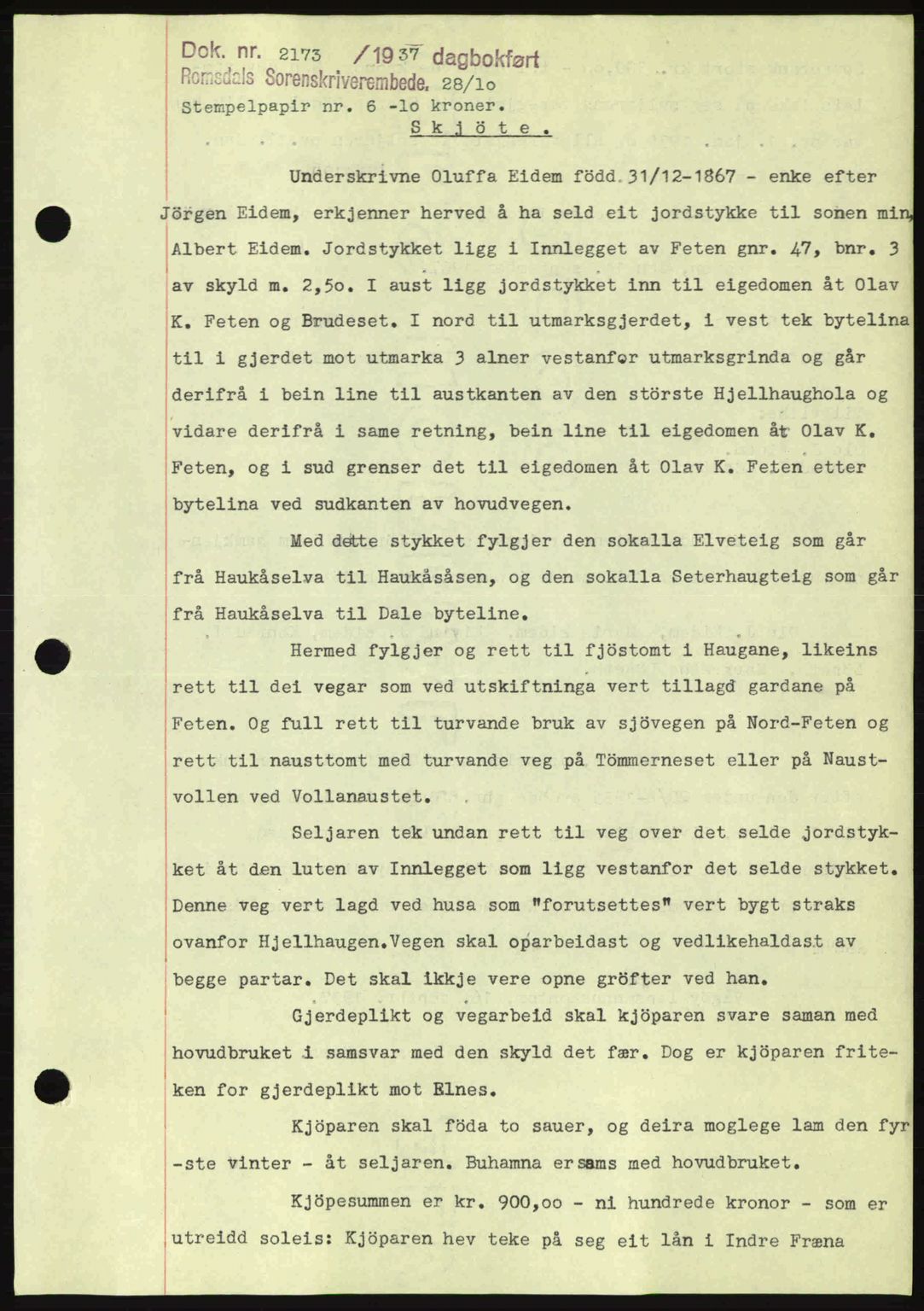 Romsdal sorenskriveri, SAT/A-4149/1/2/2C: Mortgage book no. A4, 1937-1938, Diary no: : 2173/1937