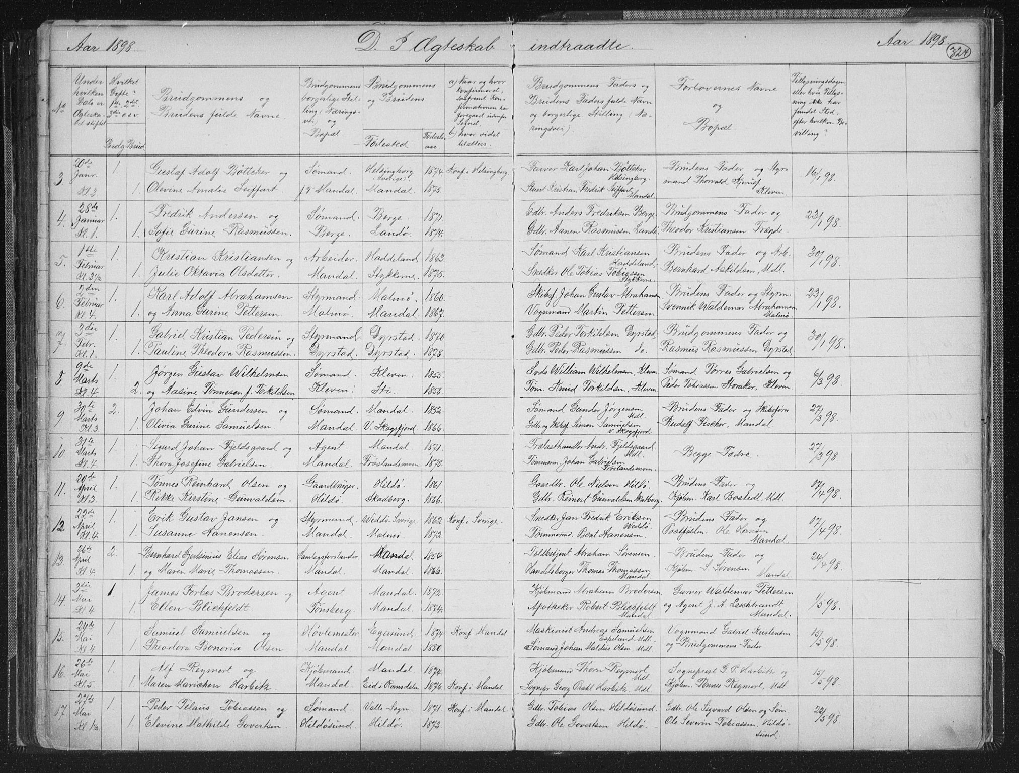 Mandal sokneprestkontor, SAK/1111-0030/F/Fb/Fba/L0011: Parish register (copy) no. B 5, 1880-1898, p. 324