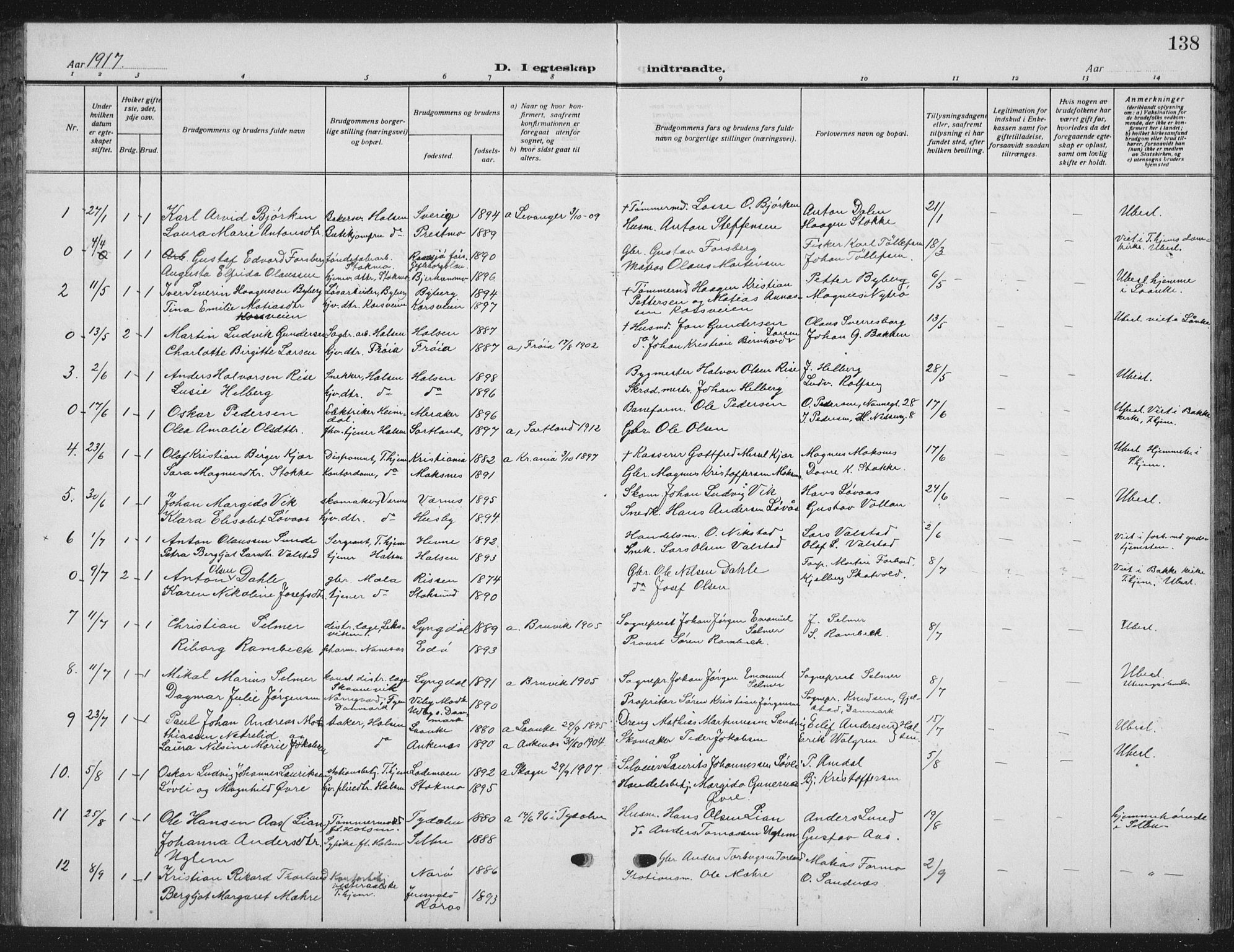 Ministerialprotokoller, klokkerbøker og fødselsregistre - Nord-Trøndelag, SAT/A-1458/709/L0088: Parish register (copy) no. 709C02, 1914-1934, p. 138