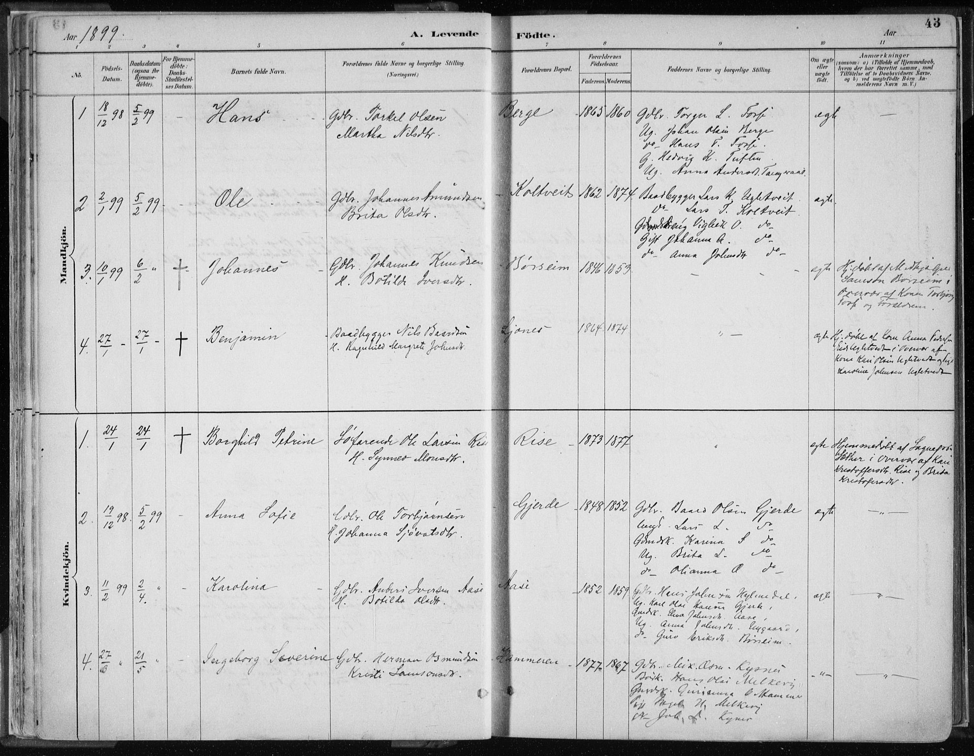 Strandebarm sokneprestembete, AV/SAB-A-78401/H/Haa: Parish register (official) no. B  1, 1886-1908, p. 43