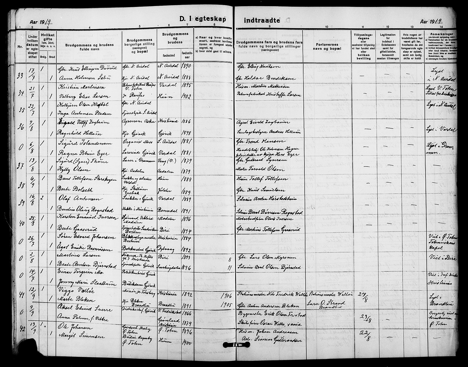 Vardal prestekontor, SAH/PREST-100/H/Ha/Hab/L0014: Parish register (copy) no. 14, 1911-1922, p. 238d