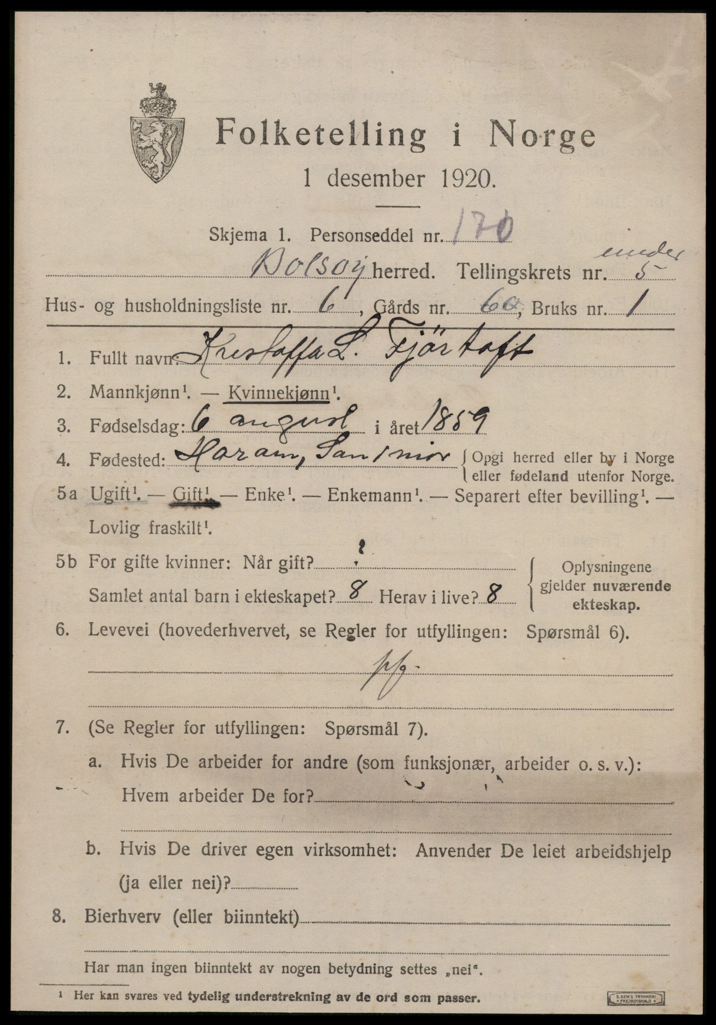 SAT, 1920 census for Bolsøy, 1920, p. 7539