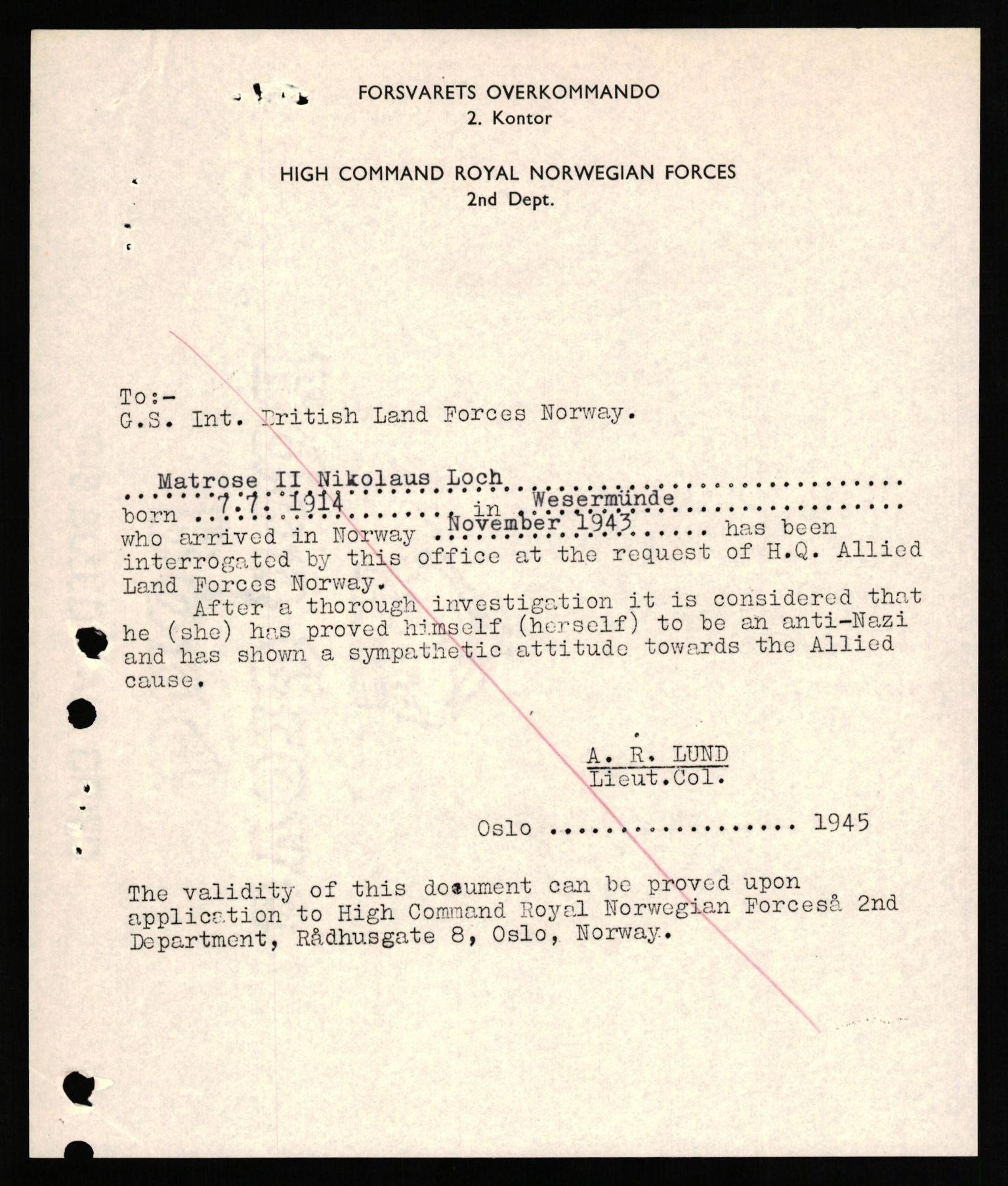 Forsvaret, Forsvarets overkommando II, AV/RA-RAFA-3915/D/Db/L0020: CI Questionaires. Tyske okkupasjonsstyrker i Norge. Tyskere., 1945-1946, p. 259