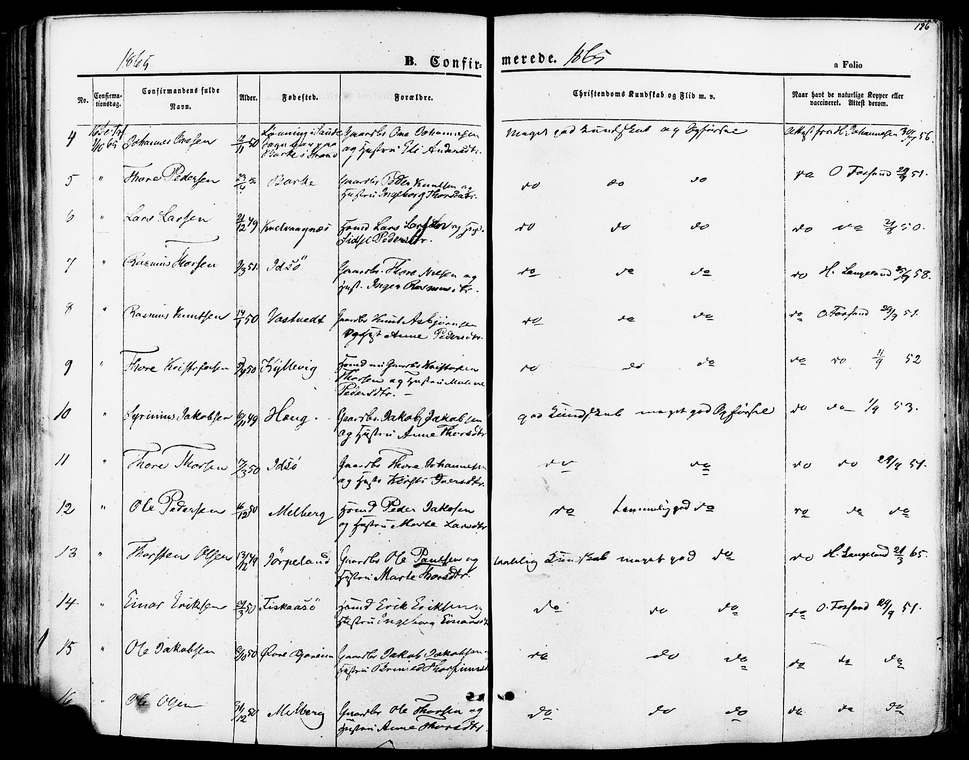 Strand sokneprestkontor, SAST/A-101828/H/Ha/Haa/L0007: Parish register (official) no. A 7, 1855-1881, p. 186