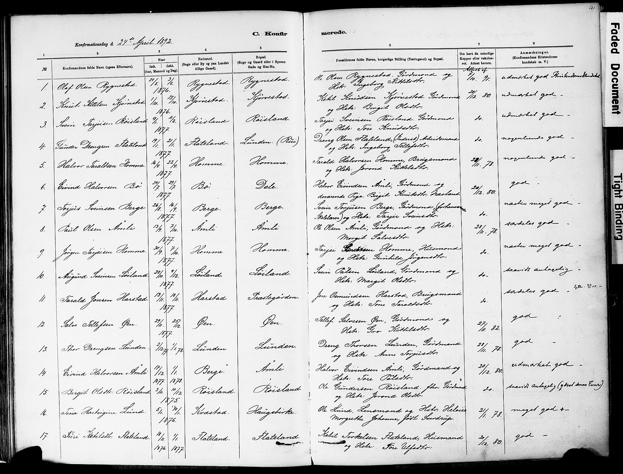 Valle sokneprestkontor, SAK/1111-0044/F/Fa/Fac/L0009: Parish register (official) no. A 9, 1882-1913, p. 131