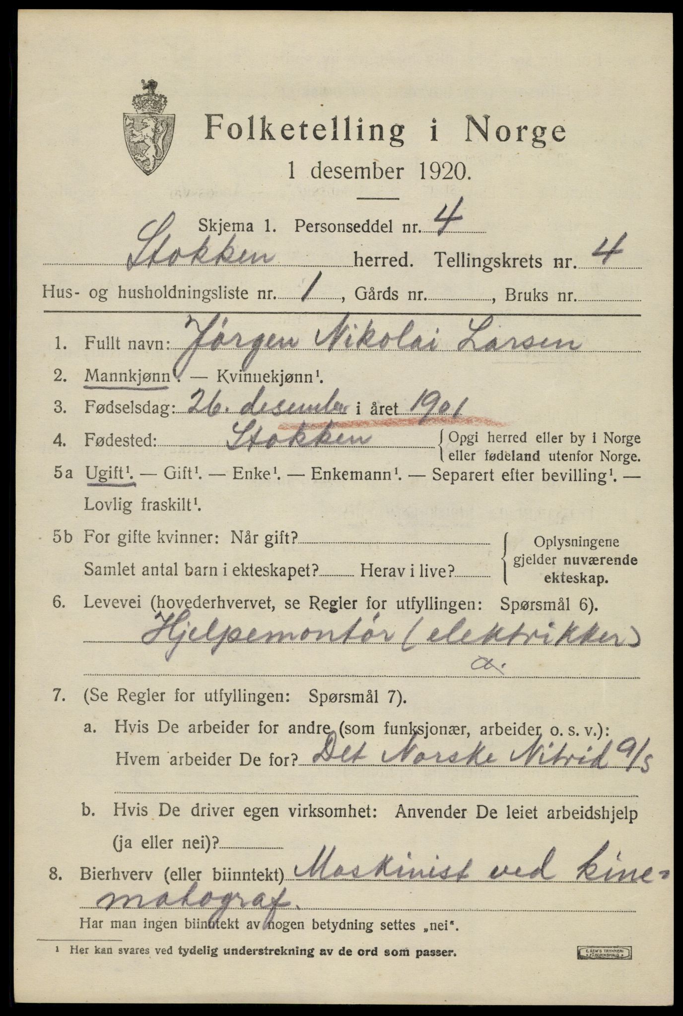 SAK, 1920 census for Stokken, 1920, p. 2462