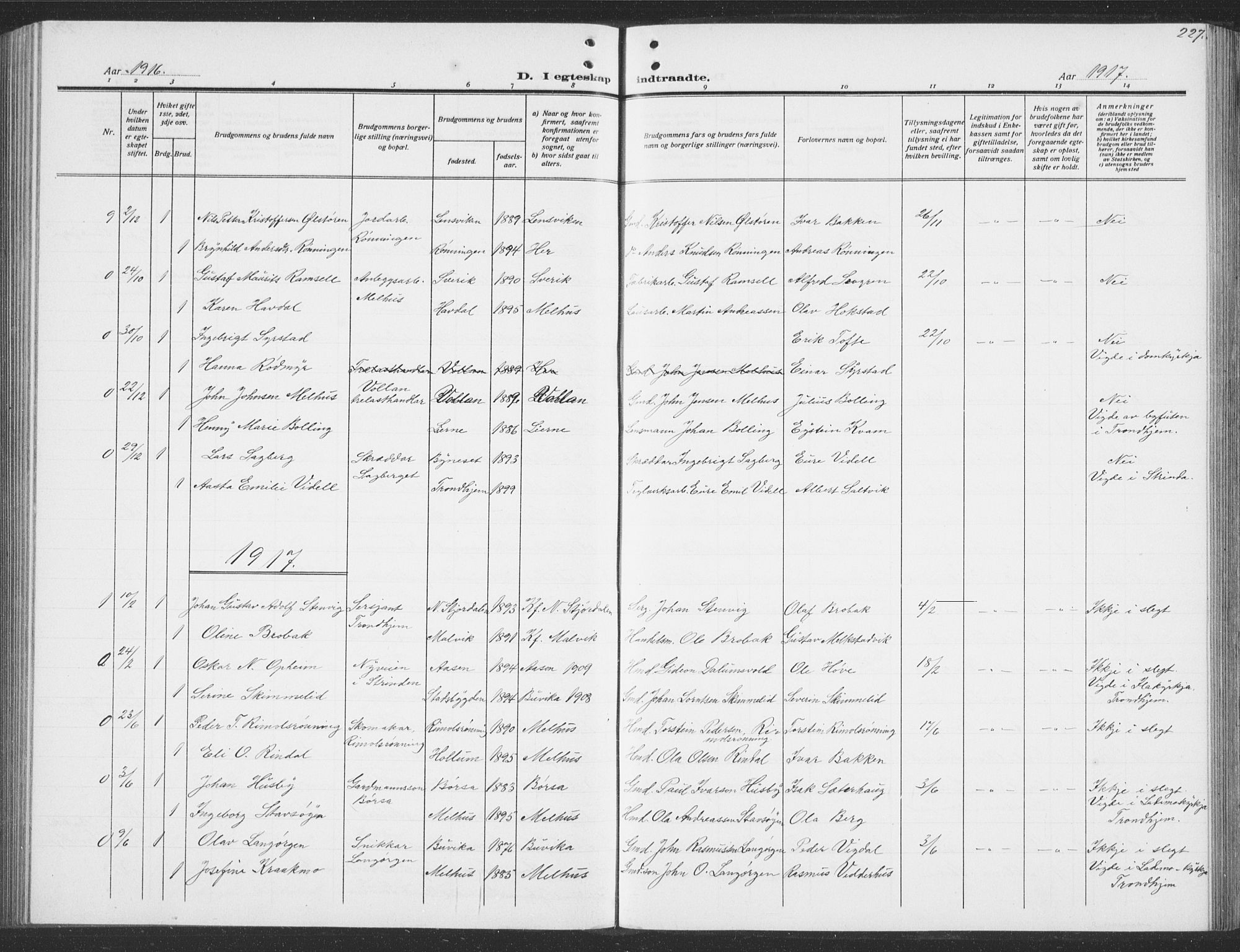 Ministerialprotokoller, klokkerbøker og fødselsregistre - Sør-Trøndelag, SAT/A-1456/691/L1095: Parish register (copy) no. 691C06, 1912-1933, p. 227