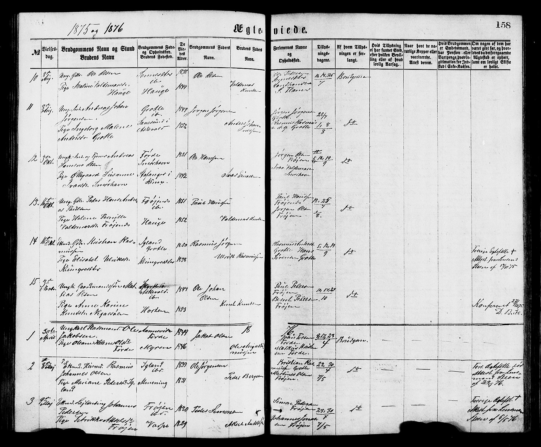 Bremanger sokneprestembete, AV/SAB-A-82201/H/Hab/Haba/L0002: Parish register (copy) no. A 2, 1866-1889, p. 158