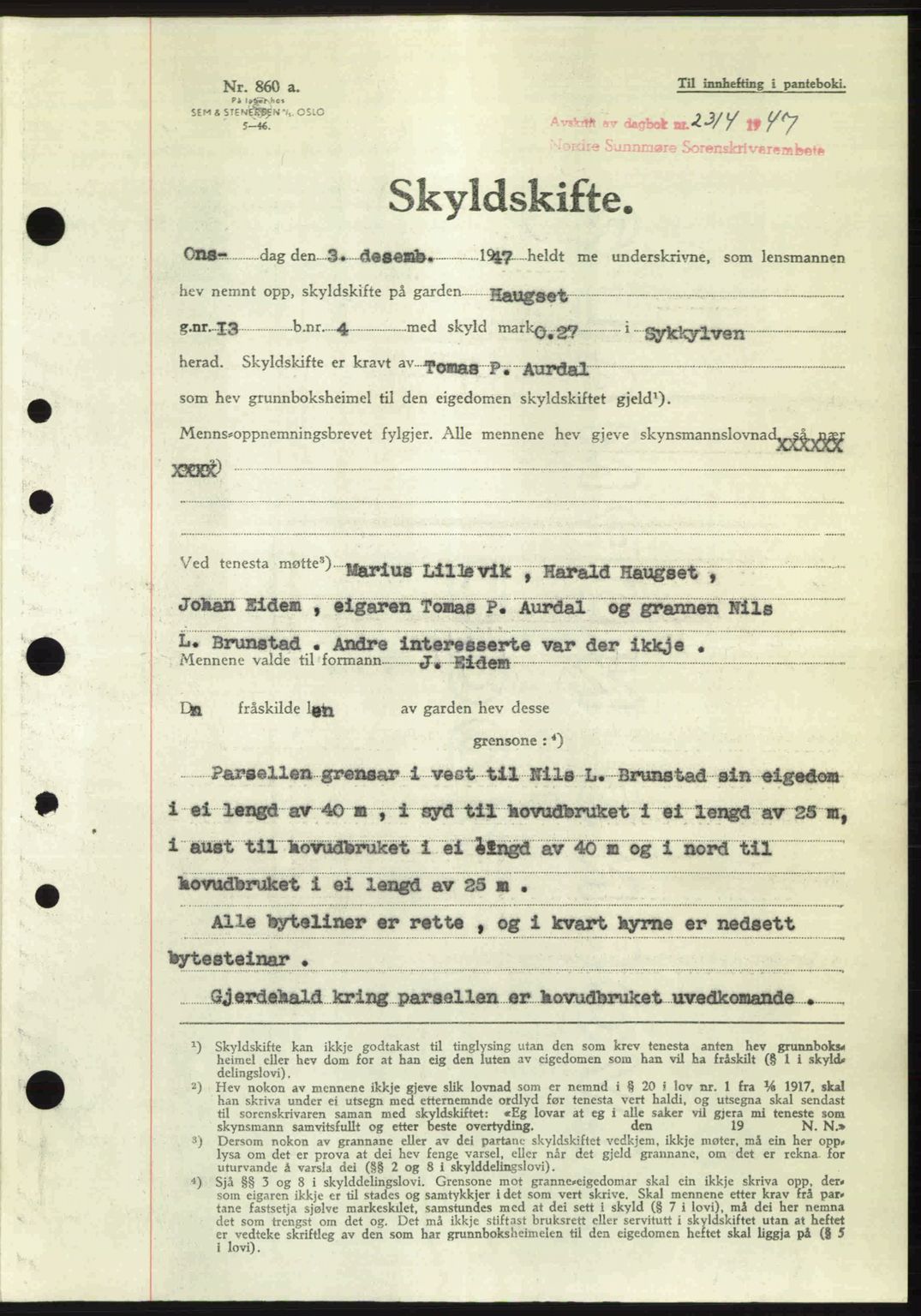 Nordre Sunnmøre sorenskriveri, AV/SAT-A-0006/1/2/2C/2Ca: Mortgage book no. A26, 1947-1948, Diary no: : 2314/1947