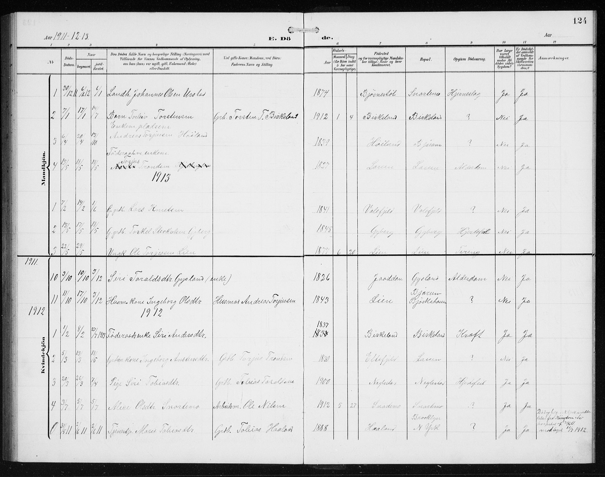 Hægebostad sokneprestkontor, SAK/1111-0024/F/Fb/Fba/L0005: Parish register (copy) no. B 5, 1907-1931, p. 124