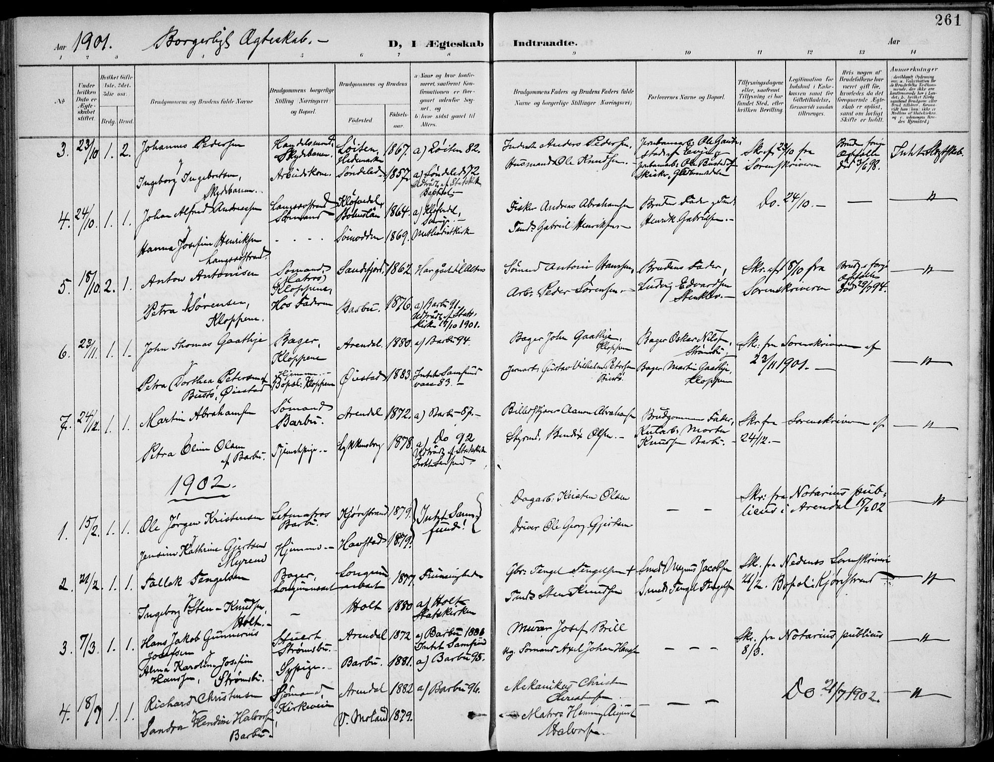 Barbu sokneprestkontor, SAK/1111-0003/F/Fa/L0005: Parish register (official) no. A 5, 1899-1909, p. 261