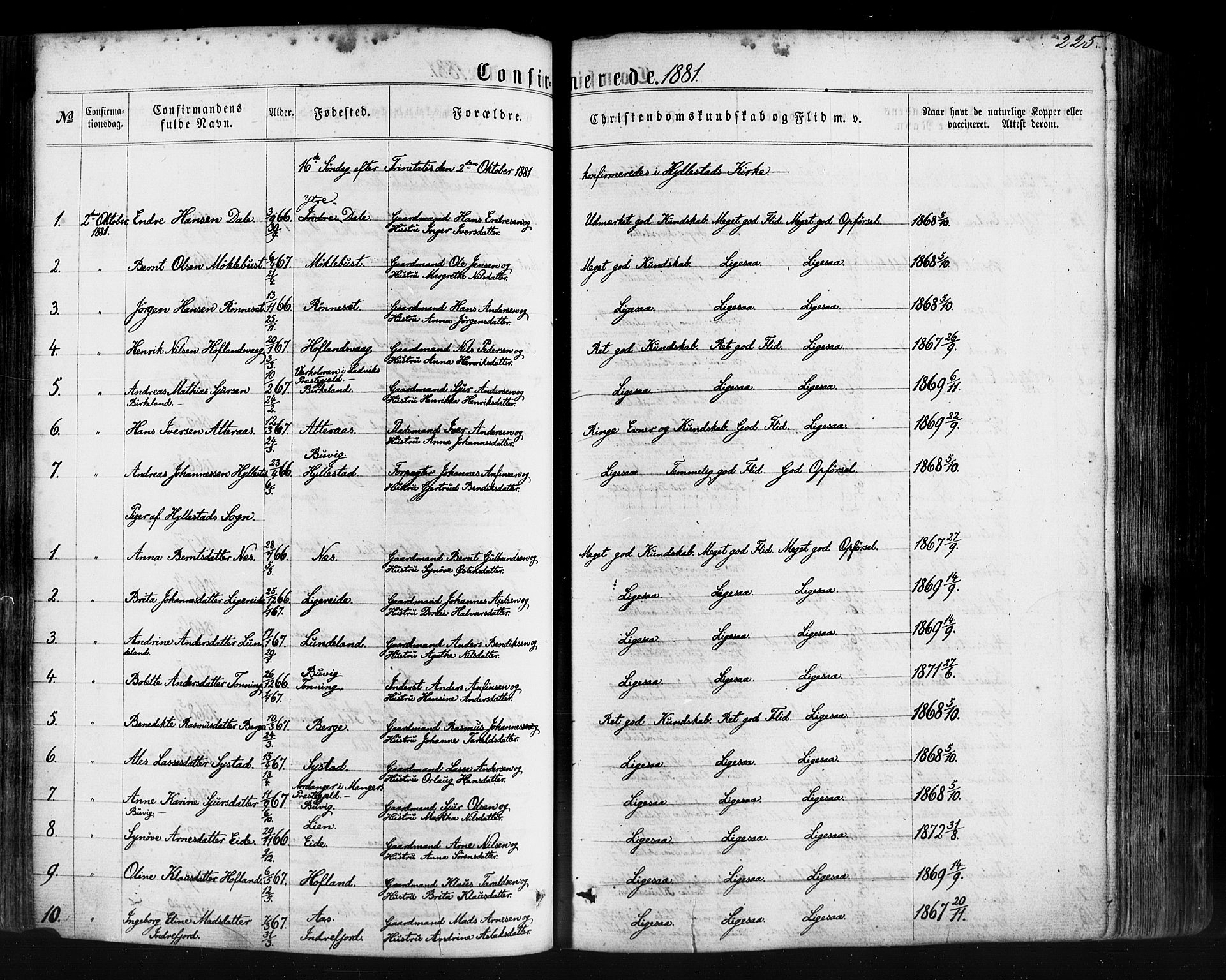 Hyllestad sokneprestembete, SAB/A-80401: Parish register (official) no. A 1, 1861-1886, p. 225