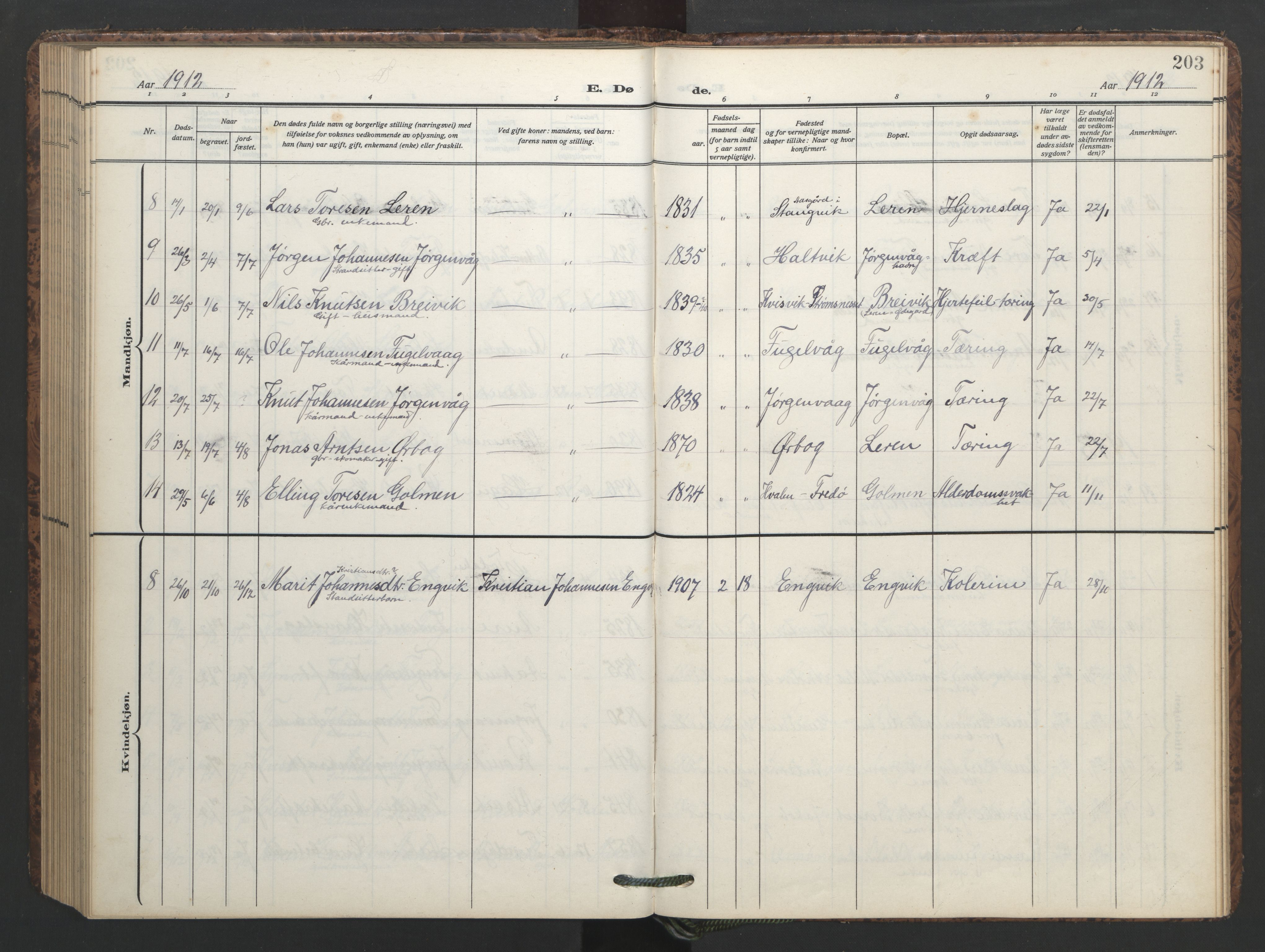 Ministerialprotokoller, klokkerbøker og fødselsregistre - Møre og Romsdal, AV/SAT-A-1454/577/L0897: Parish register (copy) no. 577C01, 1909-1946, p. 203