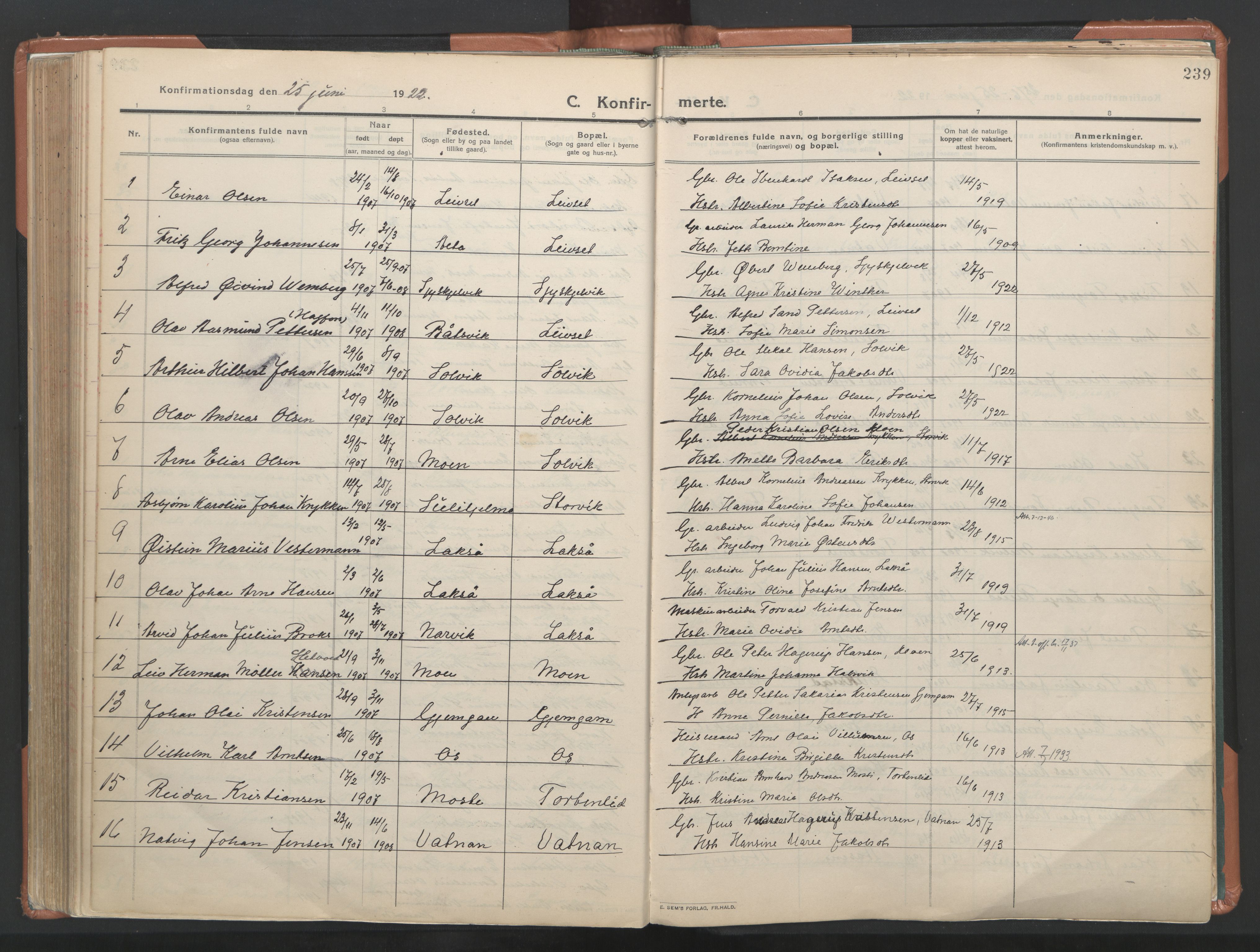 Ministerialprotokoller, klokkerbøker og fødselsregistre - Nordland, SAT/A-1459/849/L0698: Parish register (official) no. 849A09, 1911-1924, p. 239